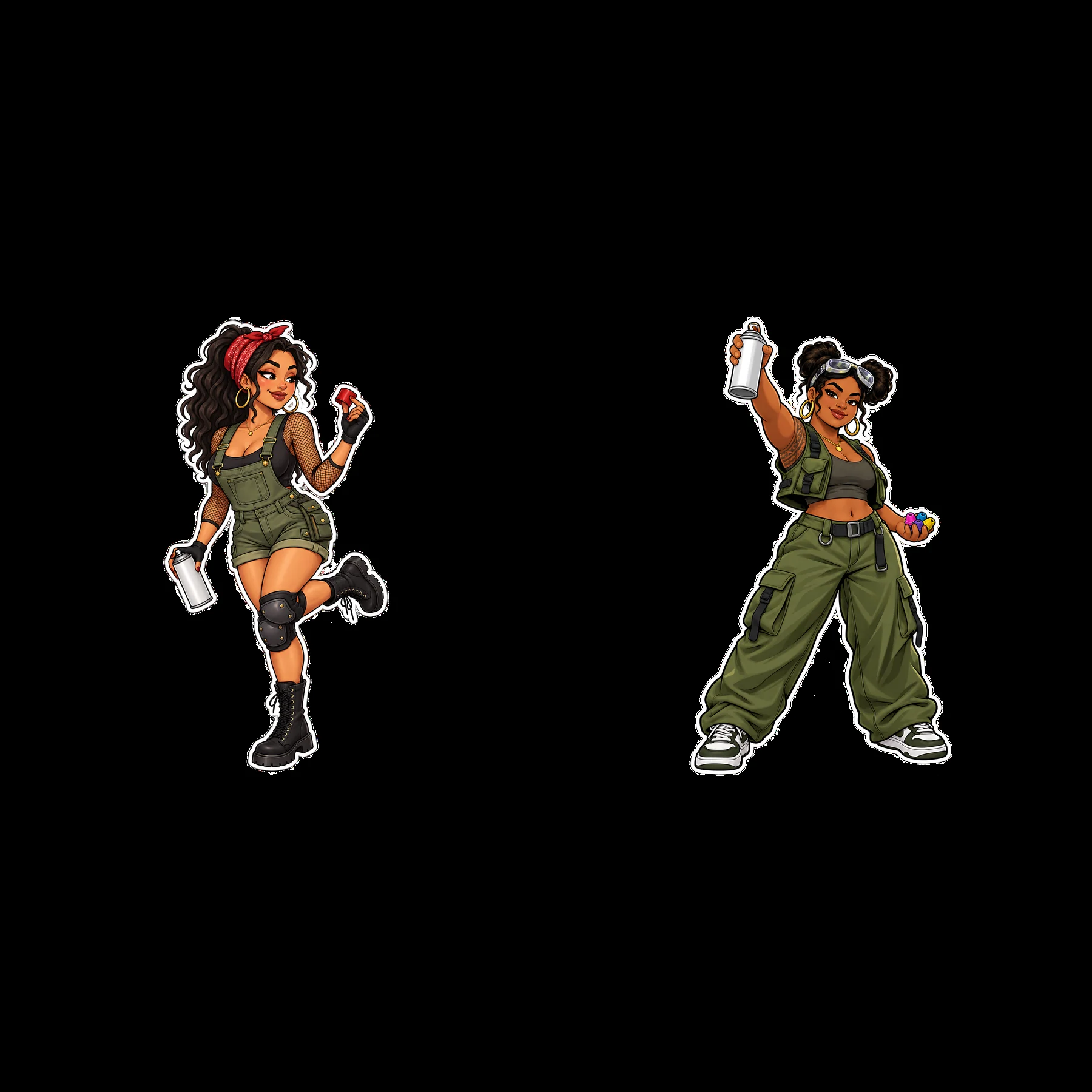 Sexy female graffiti sprayer duo with spray cans and paint - AI-generated stock image