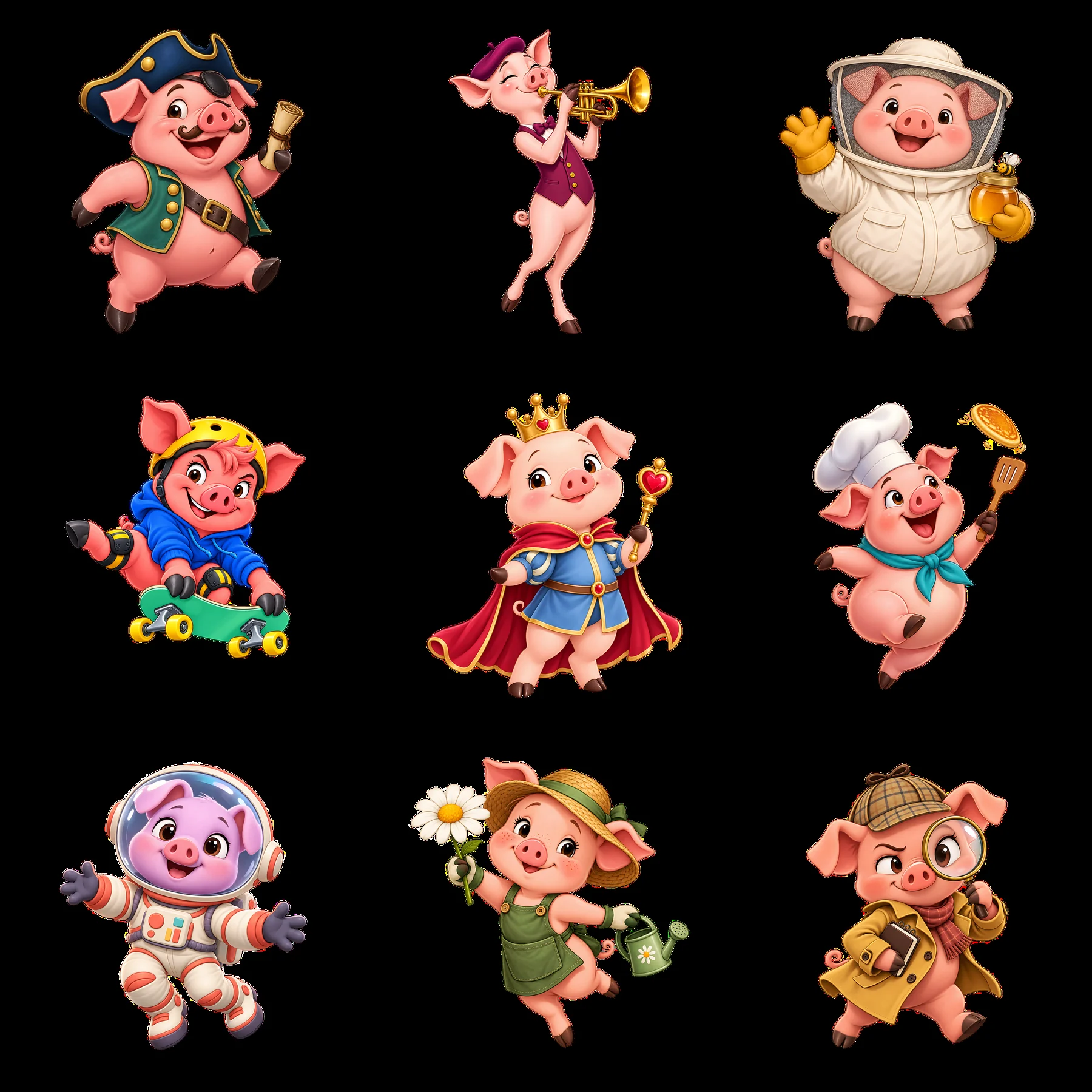 Cartoon pigs in various costumes and activities in a 3x3 layout - AI-generated stock image