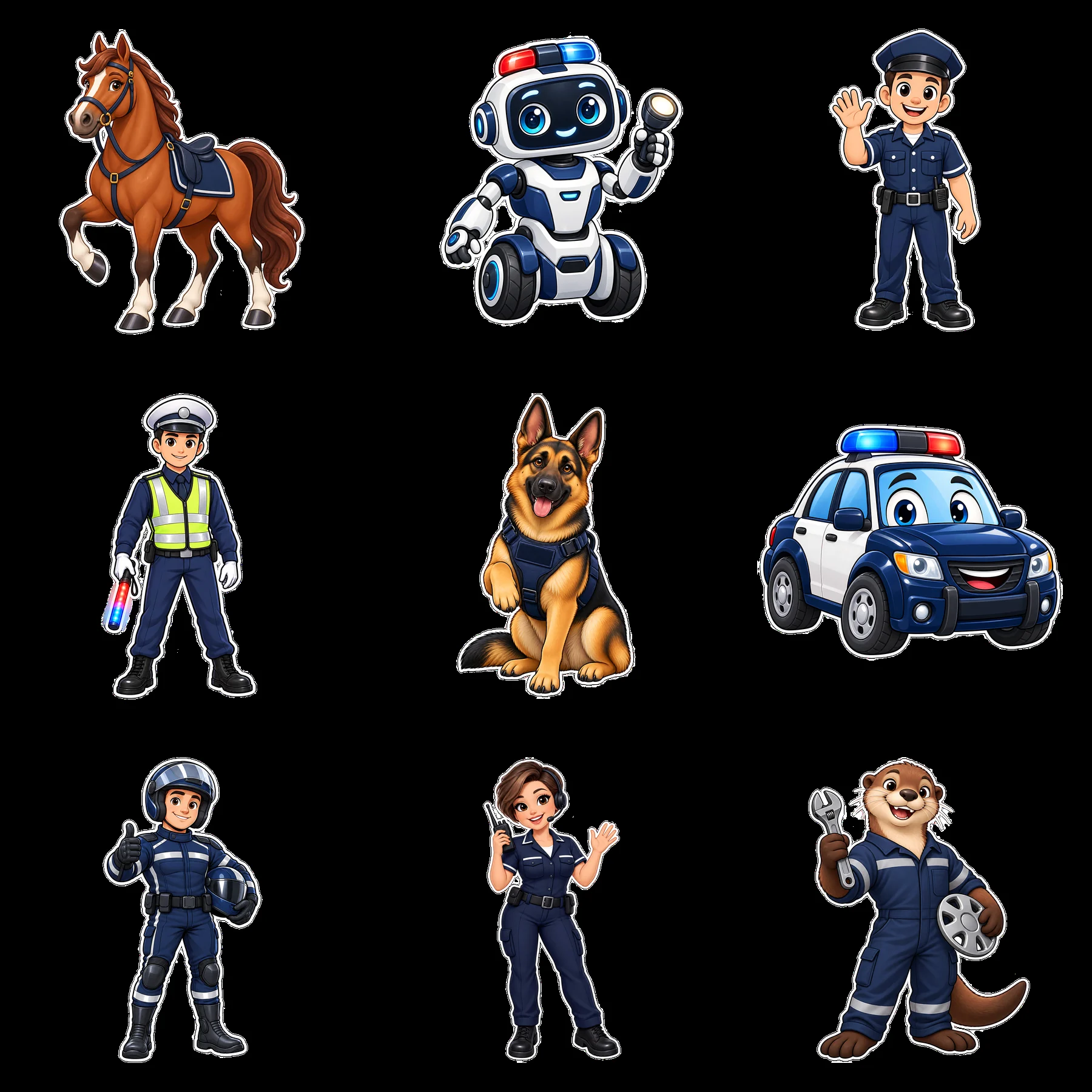 Police-themed cartoon characters in a 3x3 grid layout - AI-generated stock image