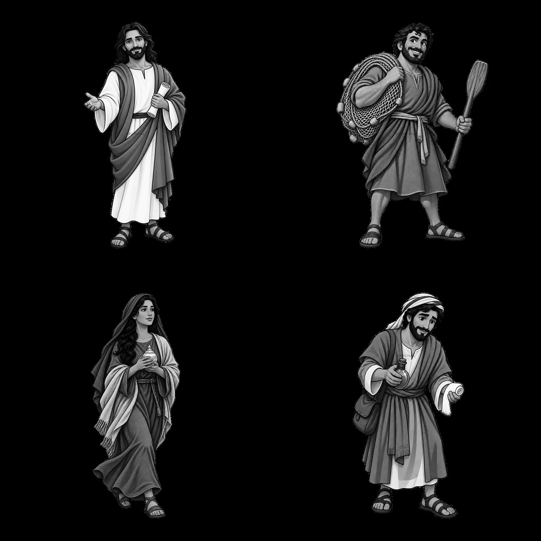Jesus and three followers in black-and-white cartoon style - AI-generated stock image