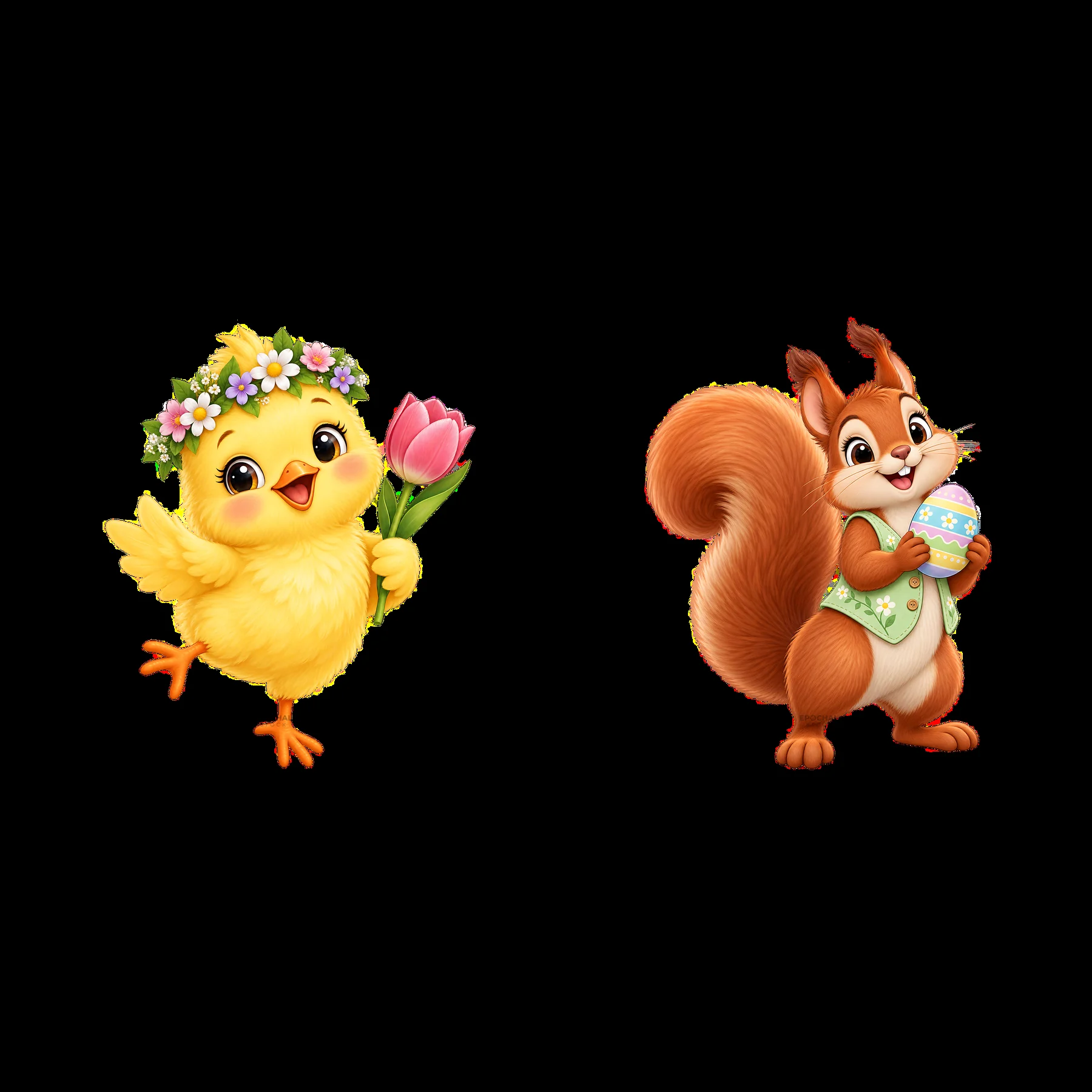 Chick with flower and squirrel with Easter egg in meadow scene - AI-generated stock image