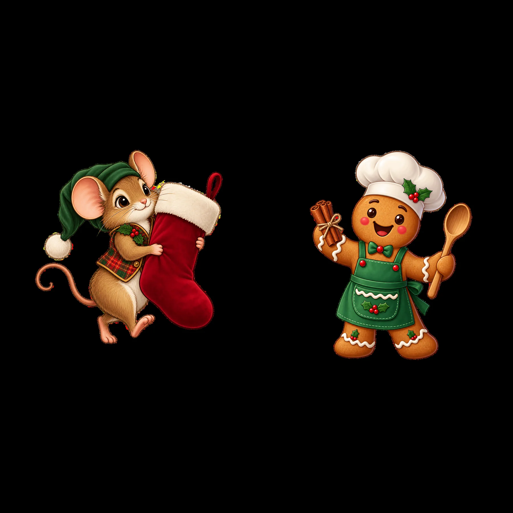 Mouse holding Christmas stocking and gingerbread chef with spoon - AI-generated stock image