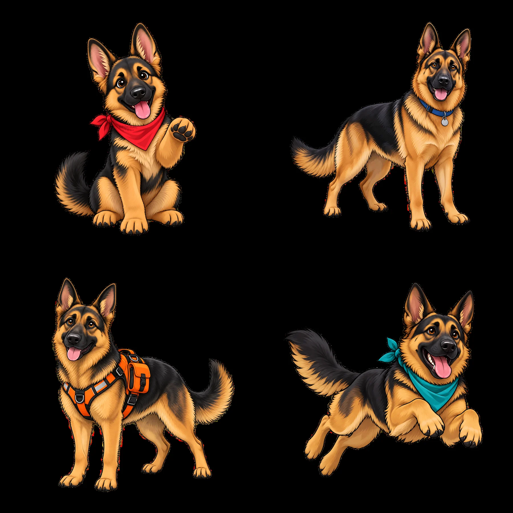 Playful German Shepherd dogs in various poses and outfits - AI-generated stock image