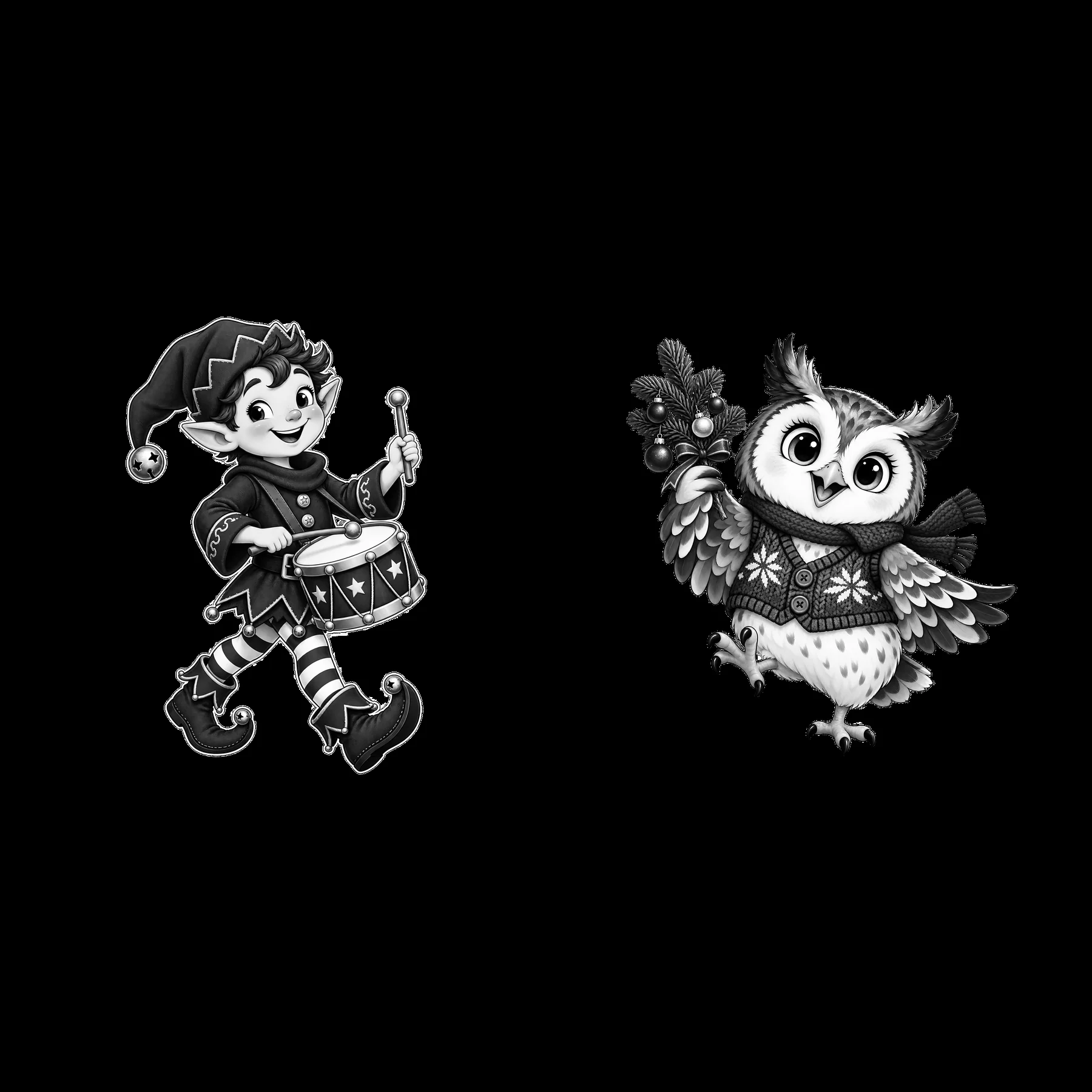 Monochrome two isolated cartoon figure stickers - AI-generated stock image