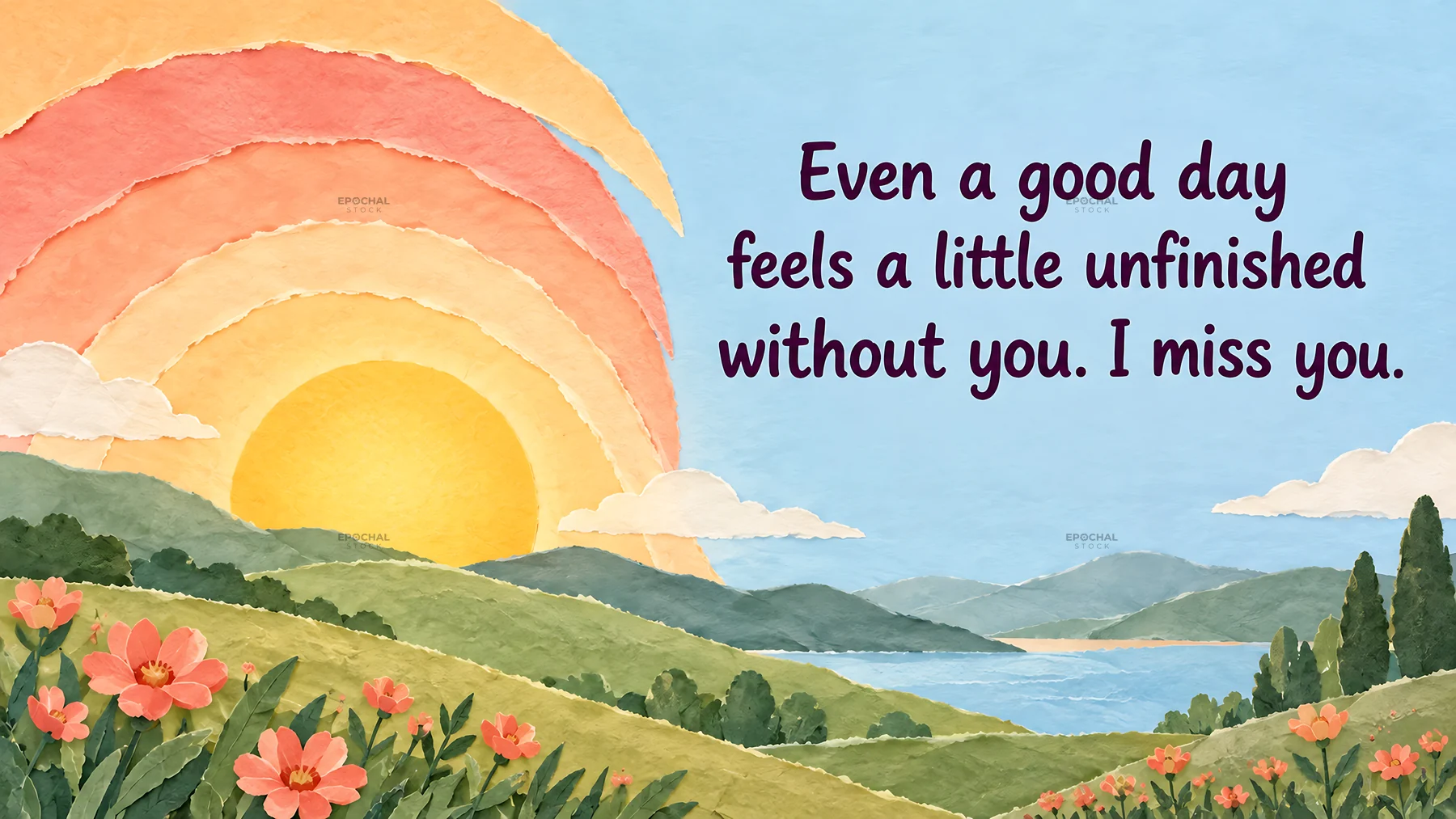 I Miss You Greeting with Layered Sunrise Landscape - AI-generated stock image