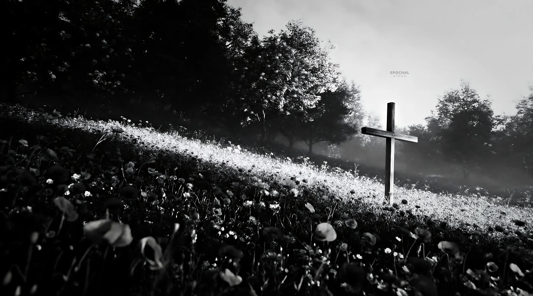 Weathered Christian cross in misty meadow - AI-generated stock image