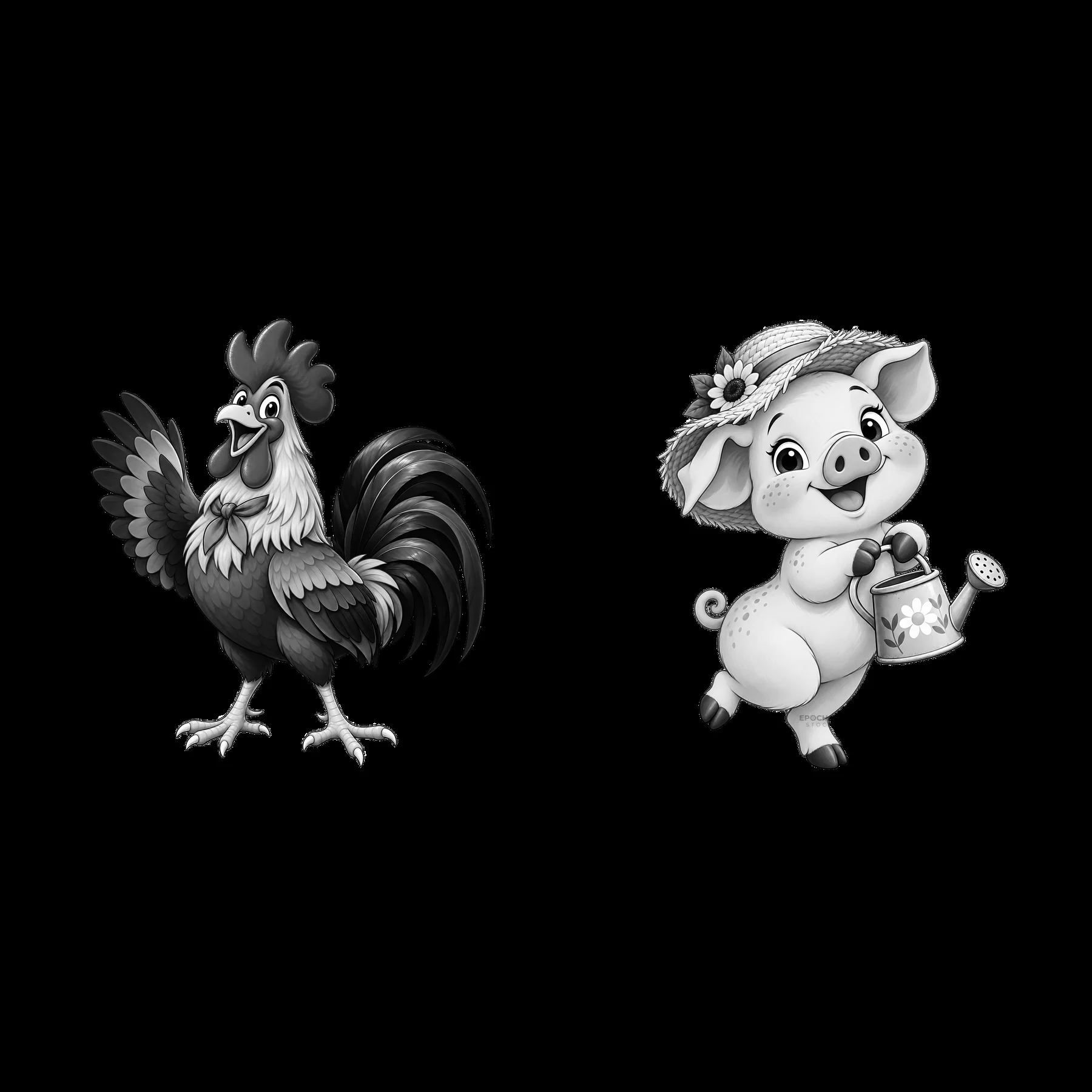 Rooster and piglet cartoon characters on a farm theme - AI-generated stock image
