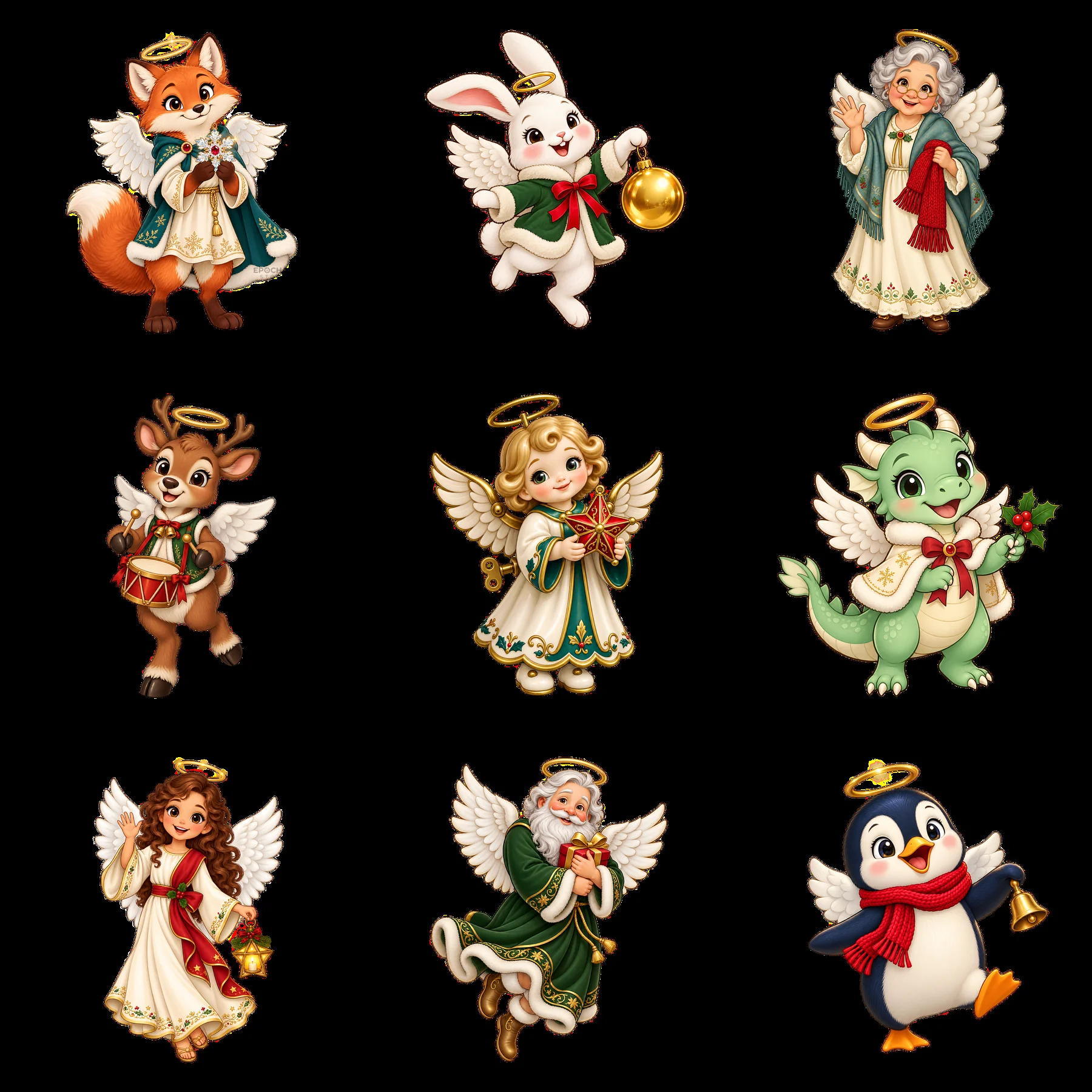 Christmas angel characters collection in a 3x3 layout - AI-generated stock image