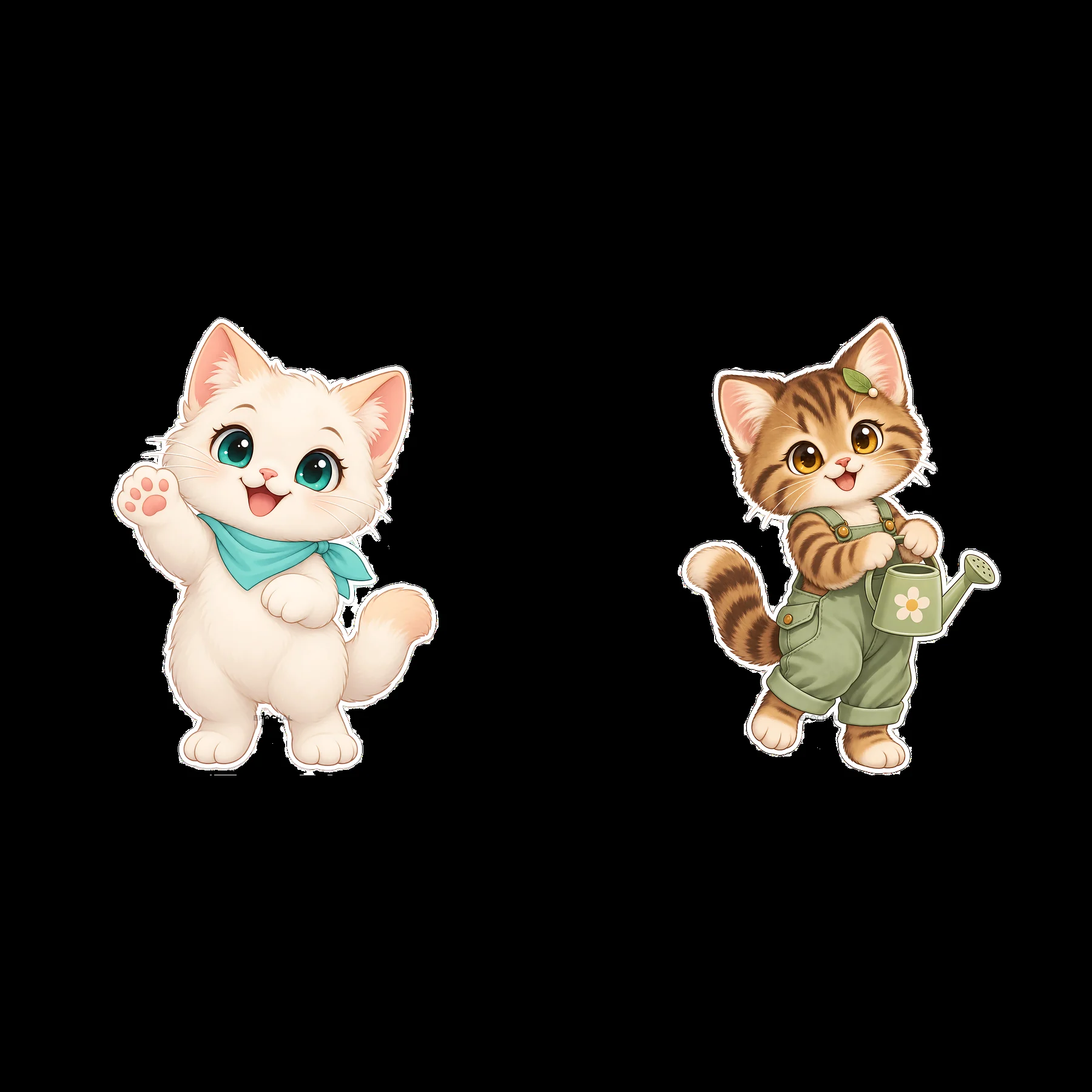 Kawaii cartoon kittens waving and watering plants in a garden - AI-generated stock image