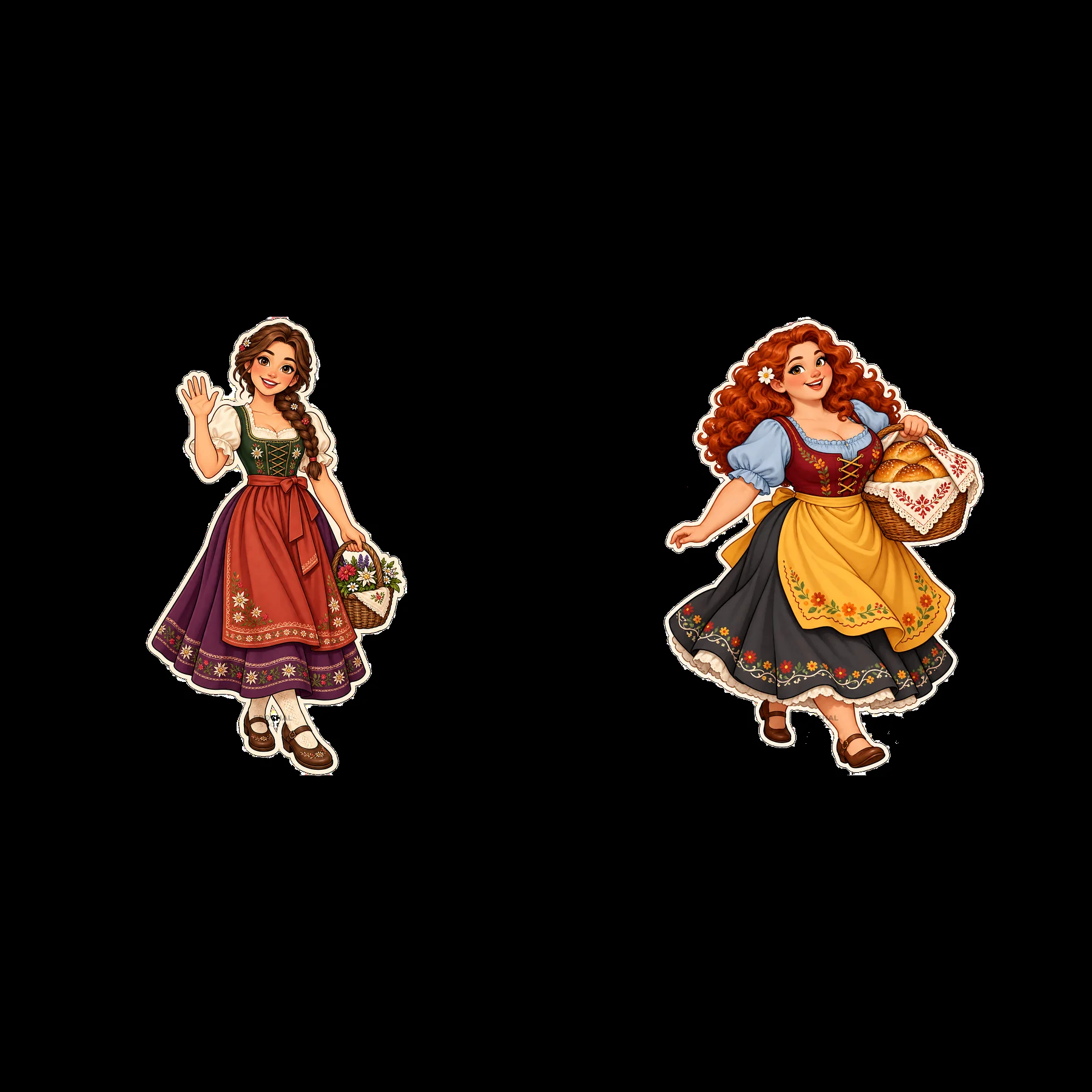 Women in traditional folk dress with baskets, smiling and walking - AI-generated stock image