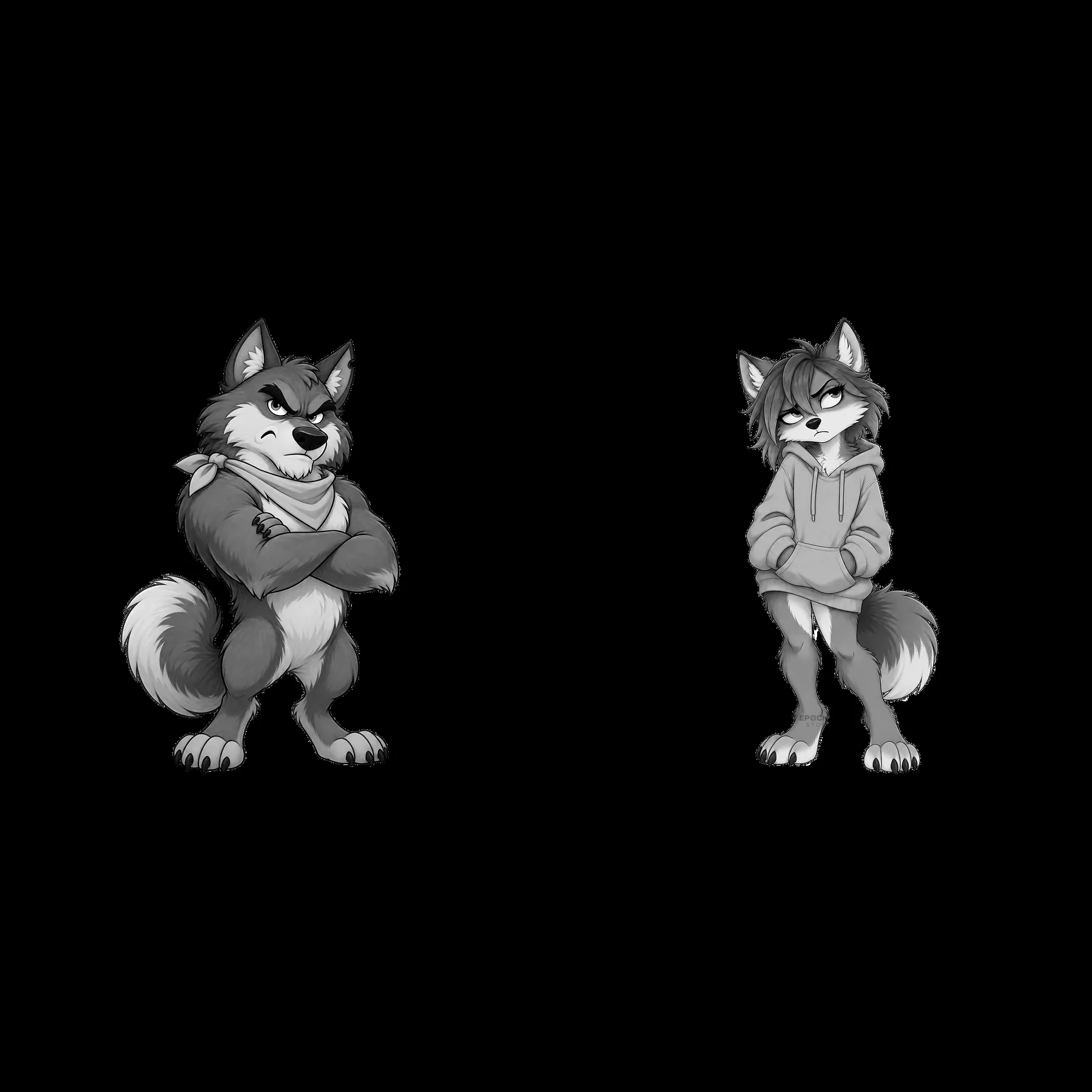 Grumpy wolf characters with crossed arms and hoodie in monochrome - AI-generated stock image