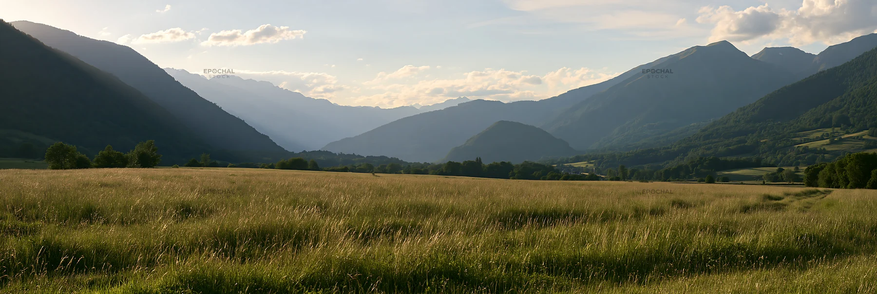 French meadow below Pyrenees range with mountains in the background - AI-generated stock image