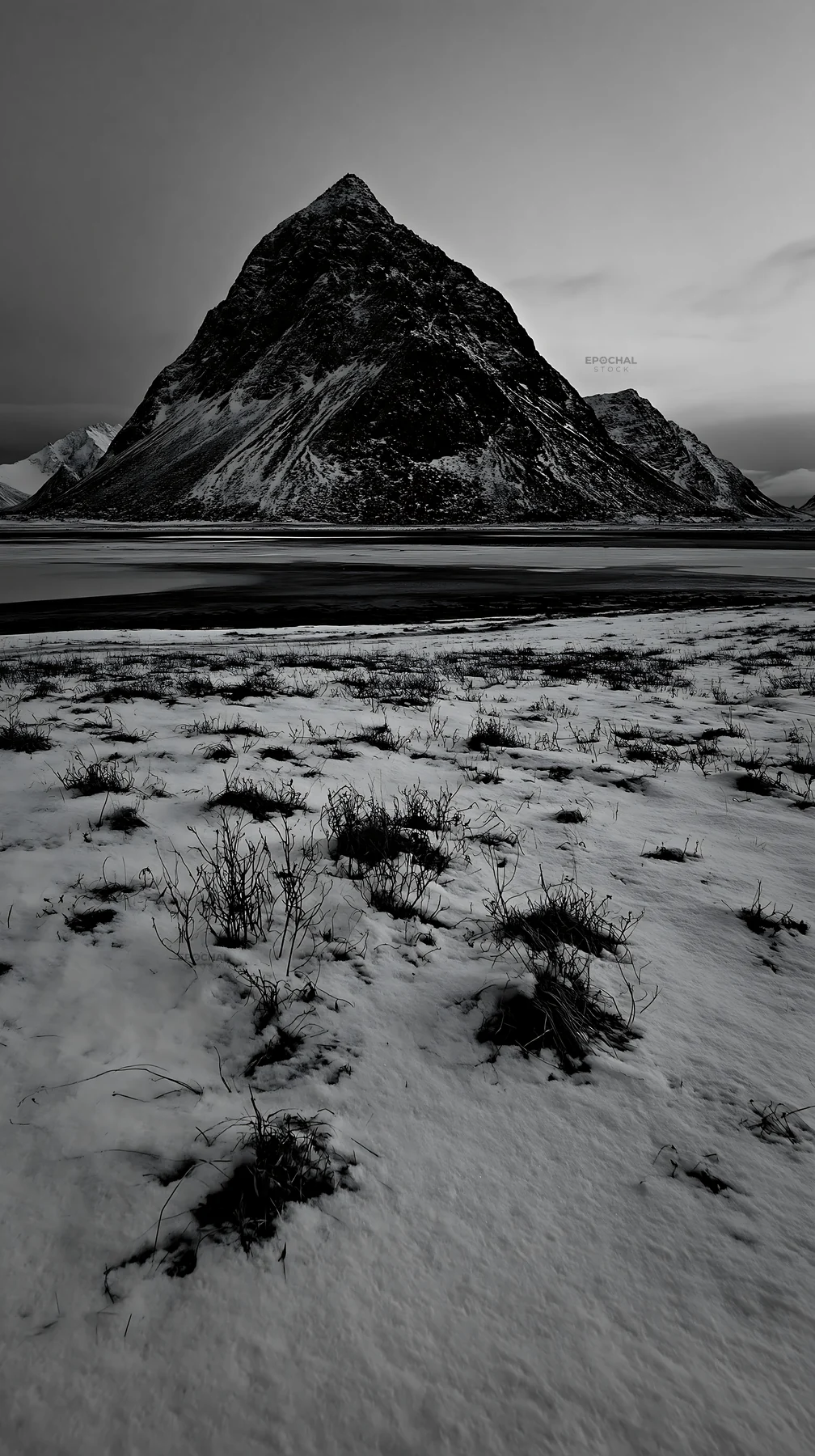 Lofoten coastal meadow with winter snow and mountains - AI-generated stock image
