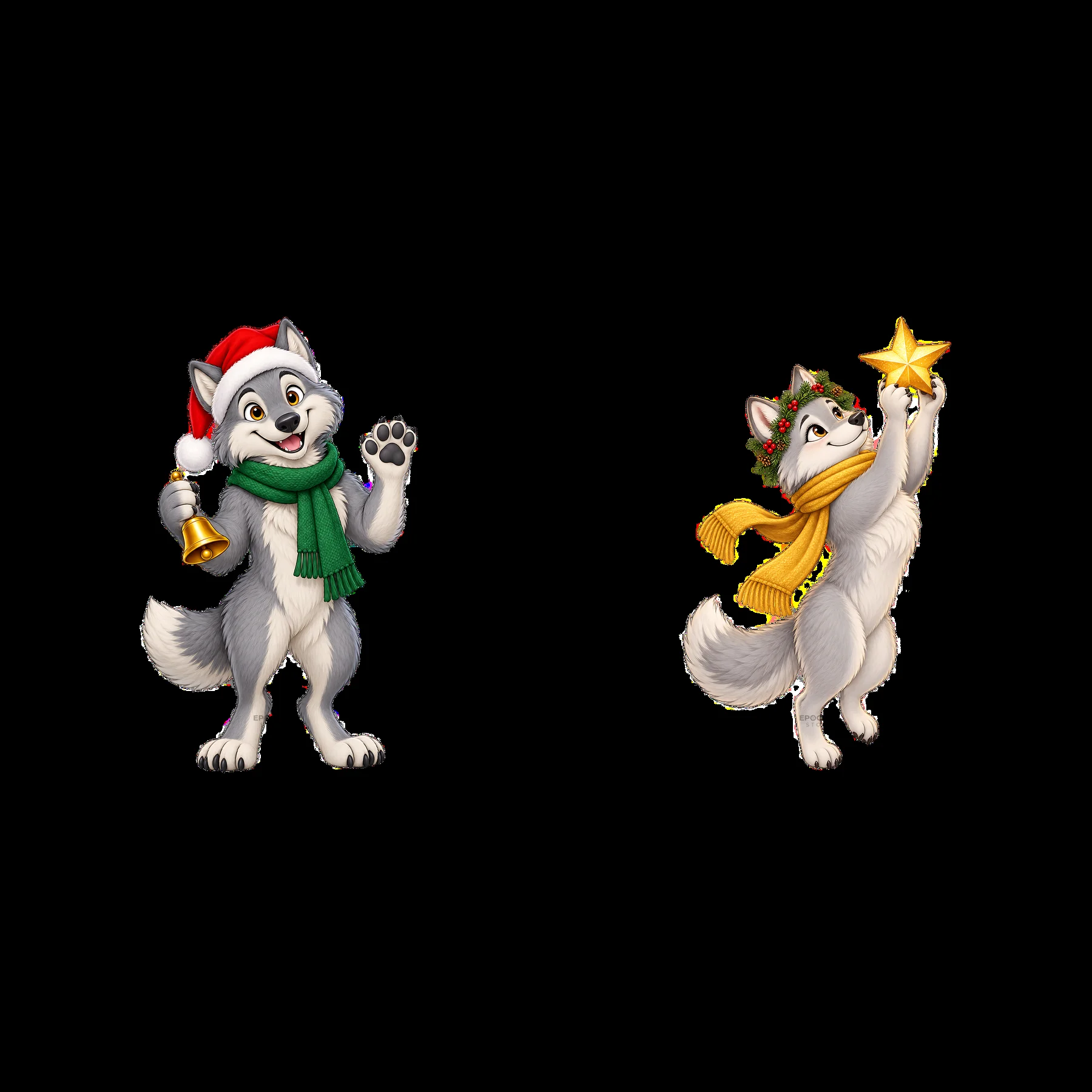 Two cartoon wolves celebrating Christmas with accessories - AI-generated stock image