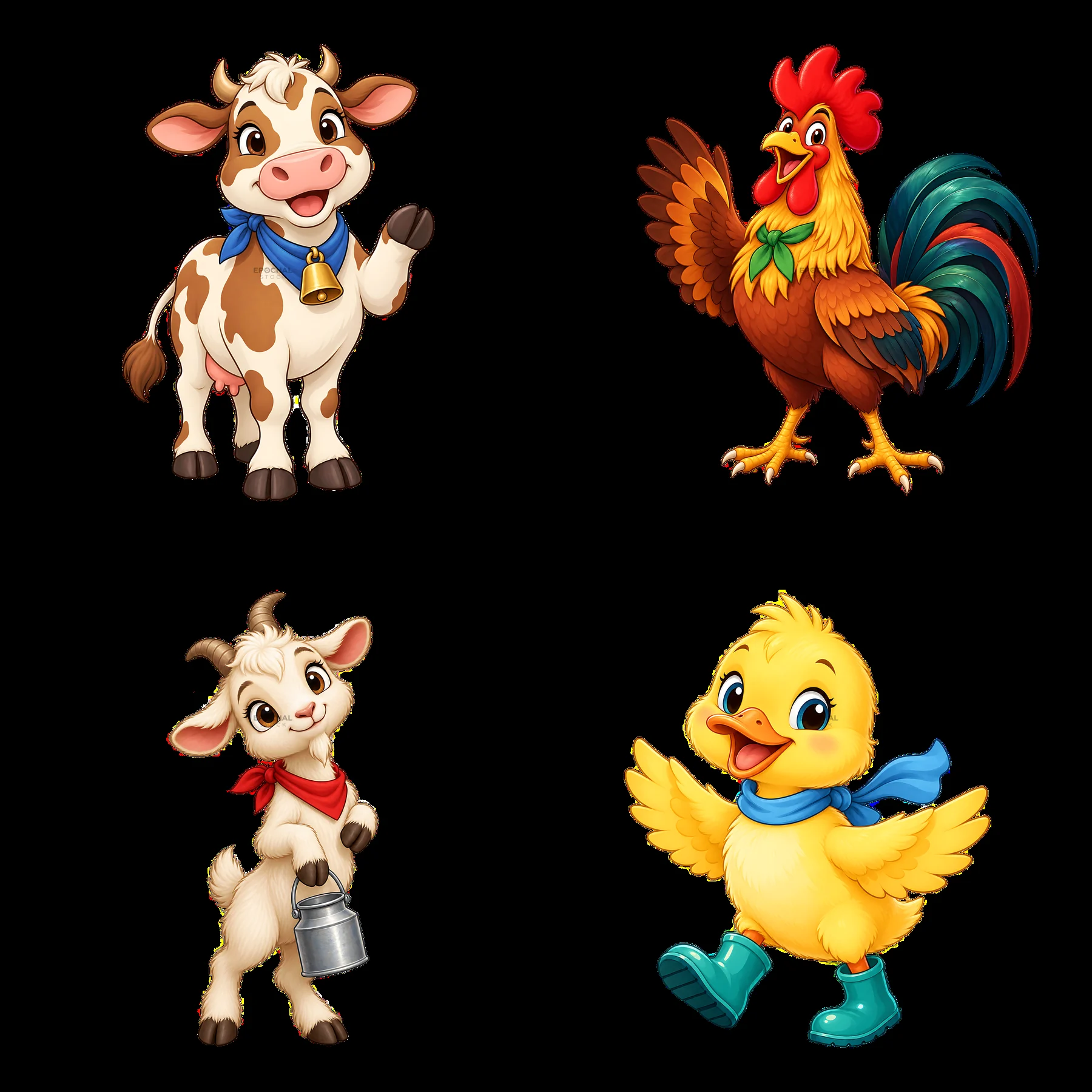 Farm animals with accessories in a 2x2 cartoon sticker layout - AI-generated stock image
