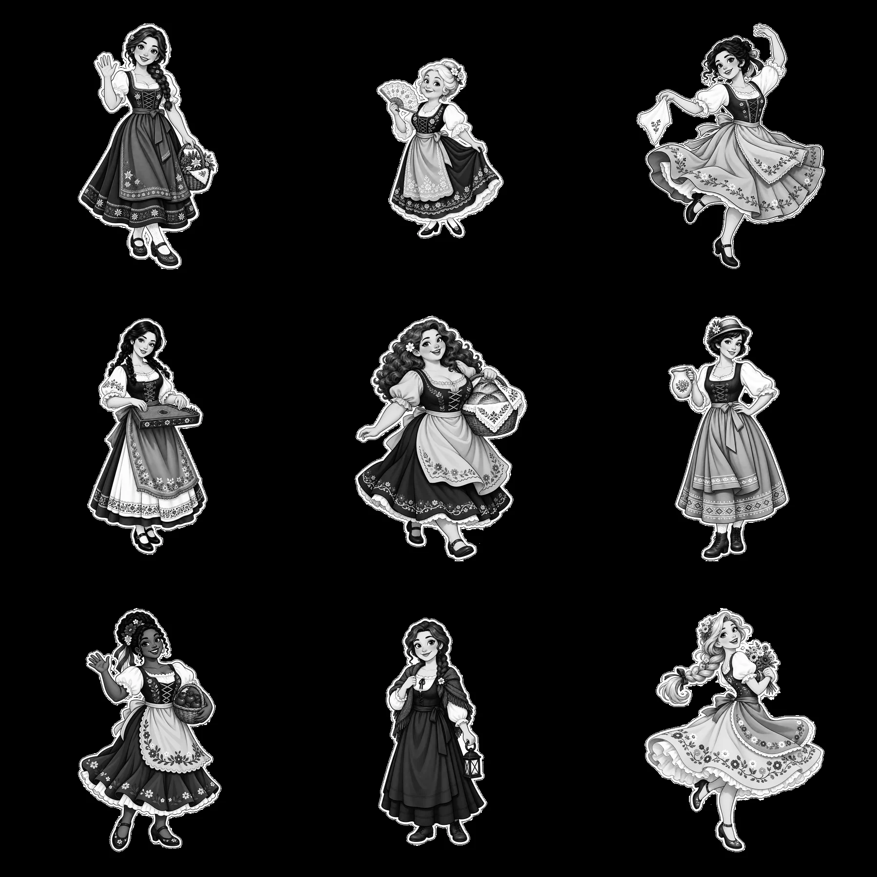 Women in traditional folk dress in a 3x3 cartoon sticker layout - AI-generated stock image