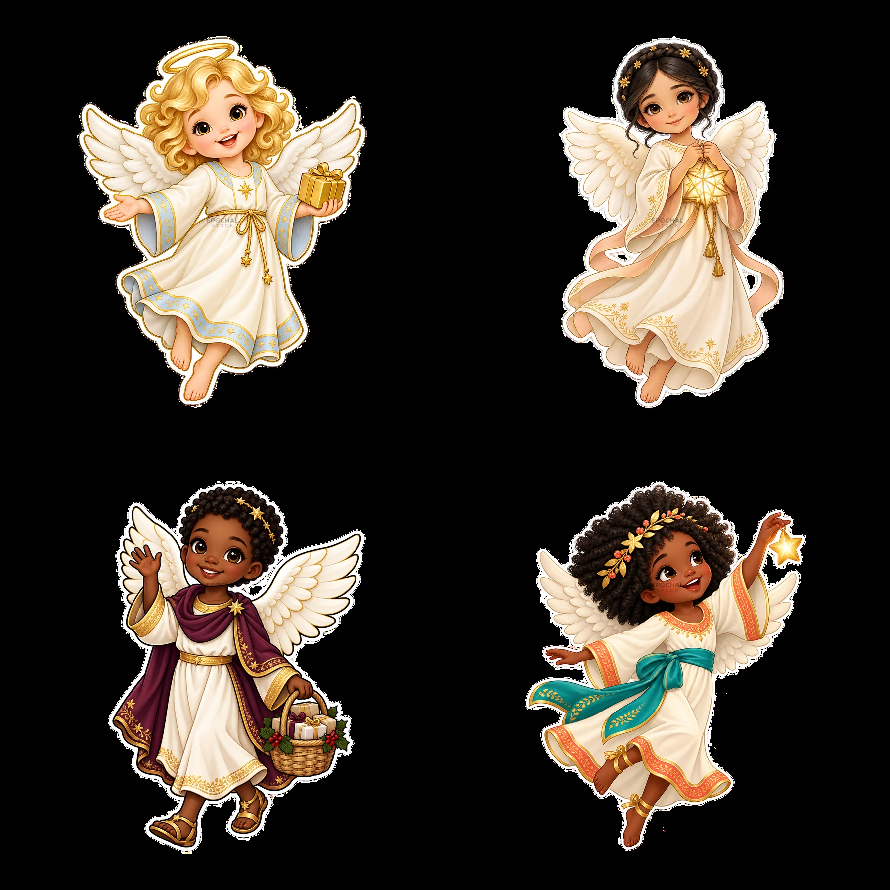 Four cartoon angel characters with gifts for Christmas - AI-generated stock image