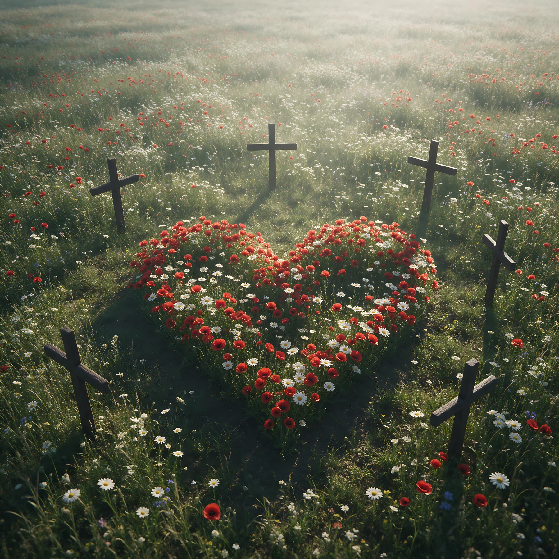 Christian crosses in meadow with heart-shaped flower arrangement - AI-generated stock image