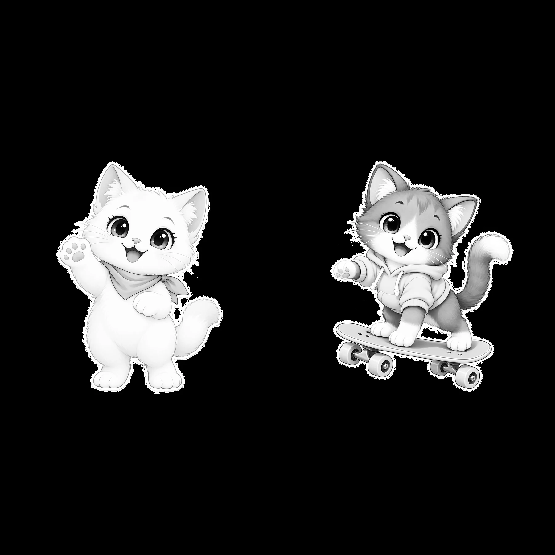 Kawaii cats with skateboard and waving pose - AI-generated stock image