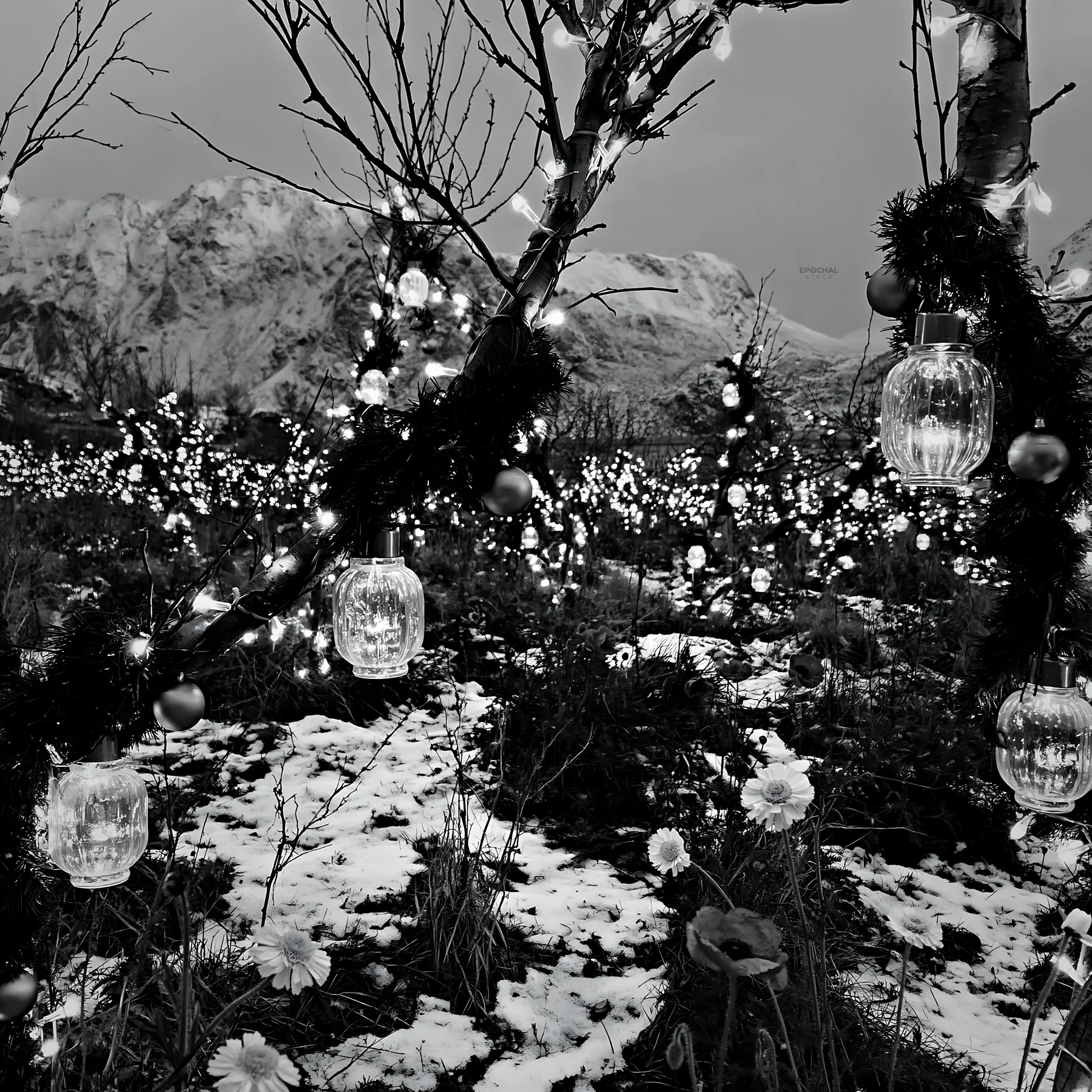 Christmas lanterns in a snow-covered apple tree meadow - AI-generated stock image