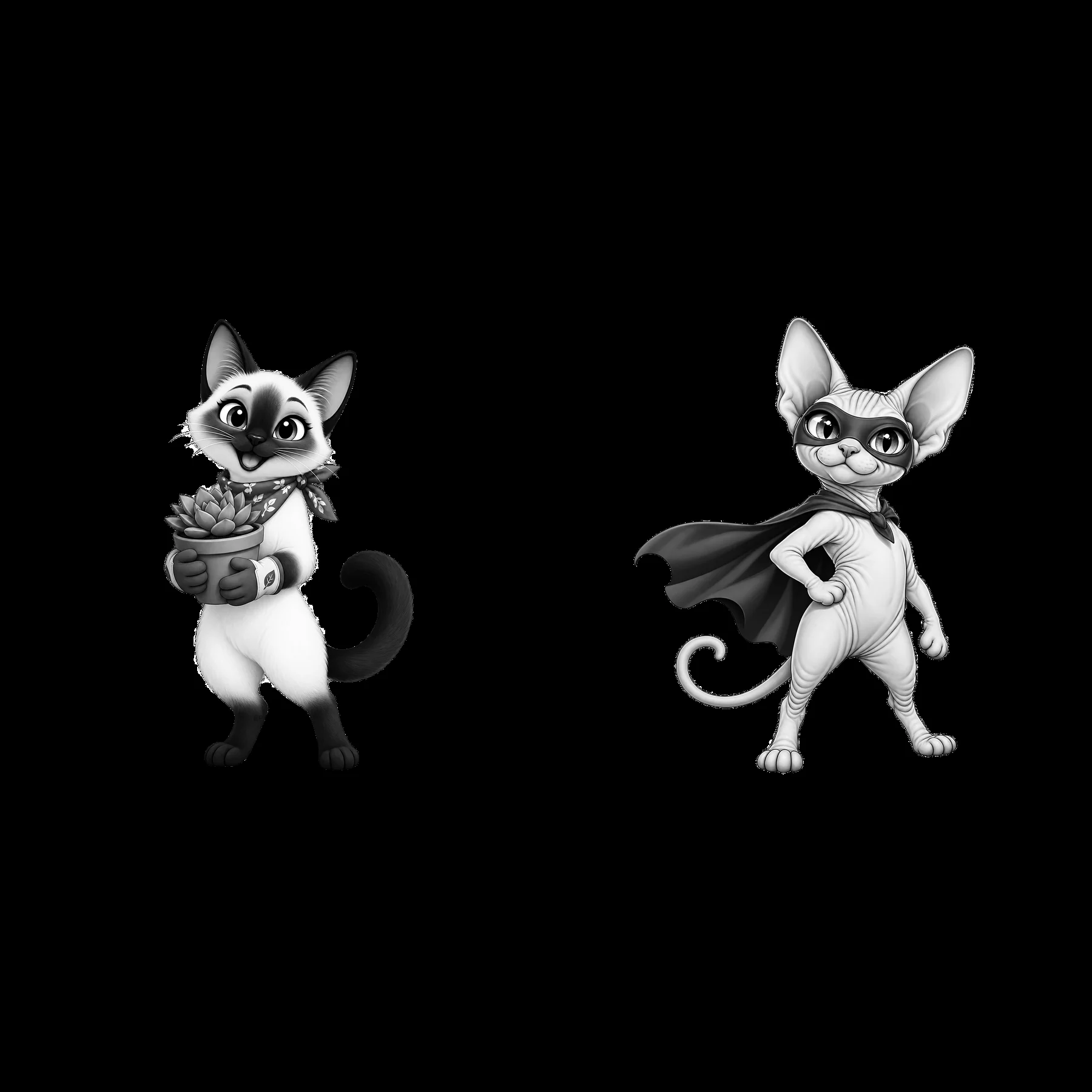 Siamese cat with vegetables next to Sphynx cat in a cape - AI-generated stock image