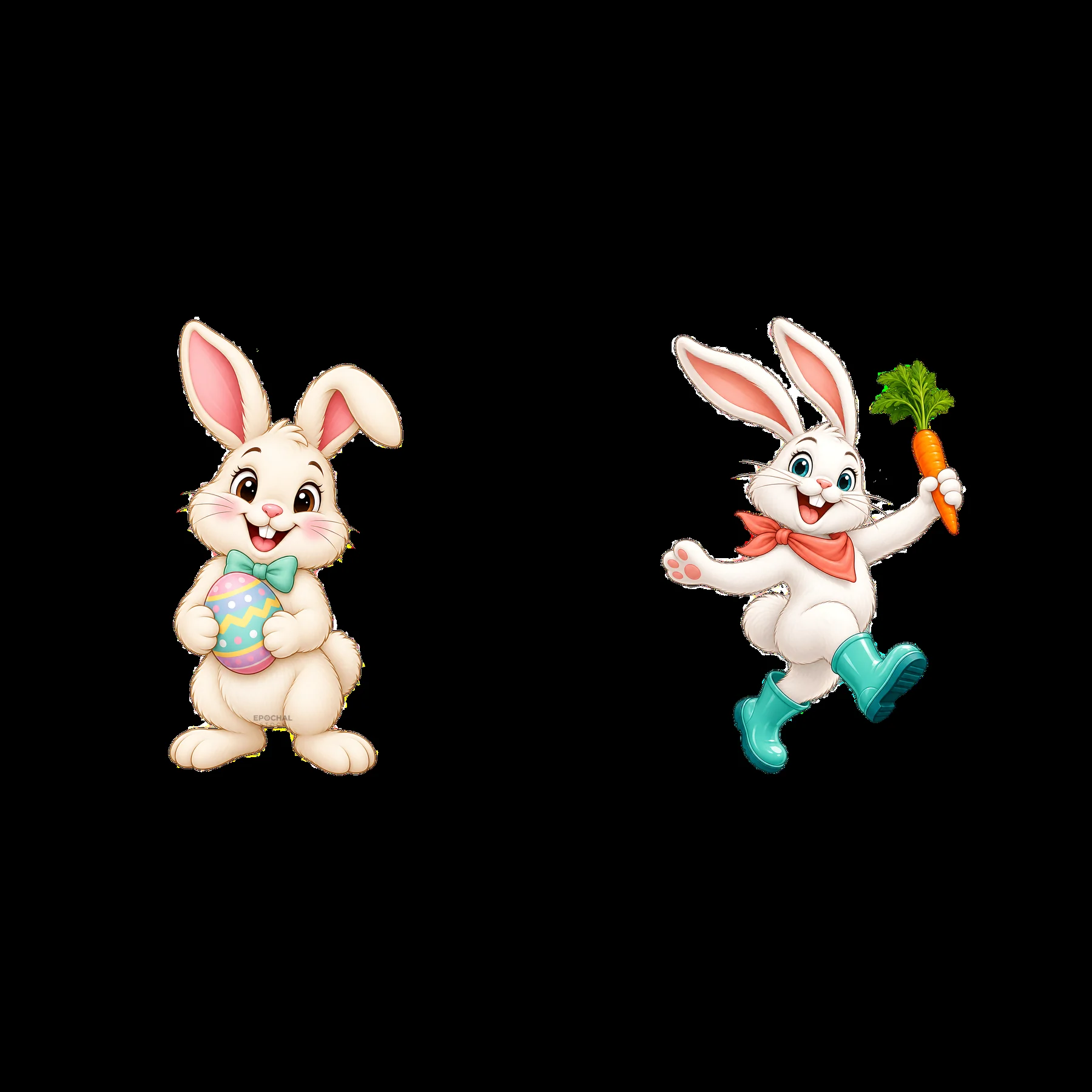 Easter bunnies with colorful eggs and carrots in a playful pose - AI-generated stock image