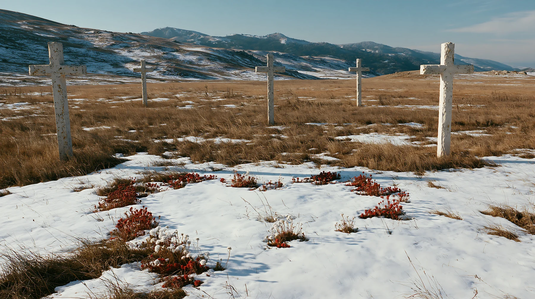 Multiple Christian crosses in snowy meadow - AI-generated stock image