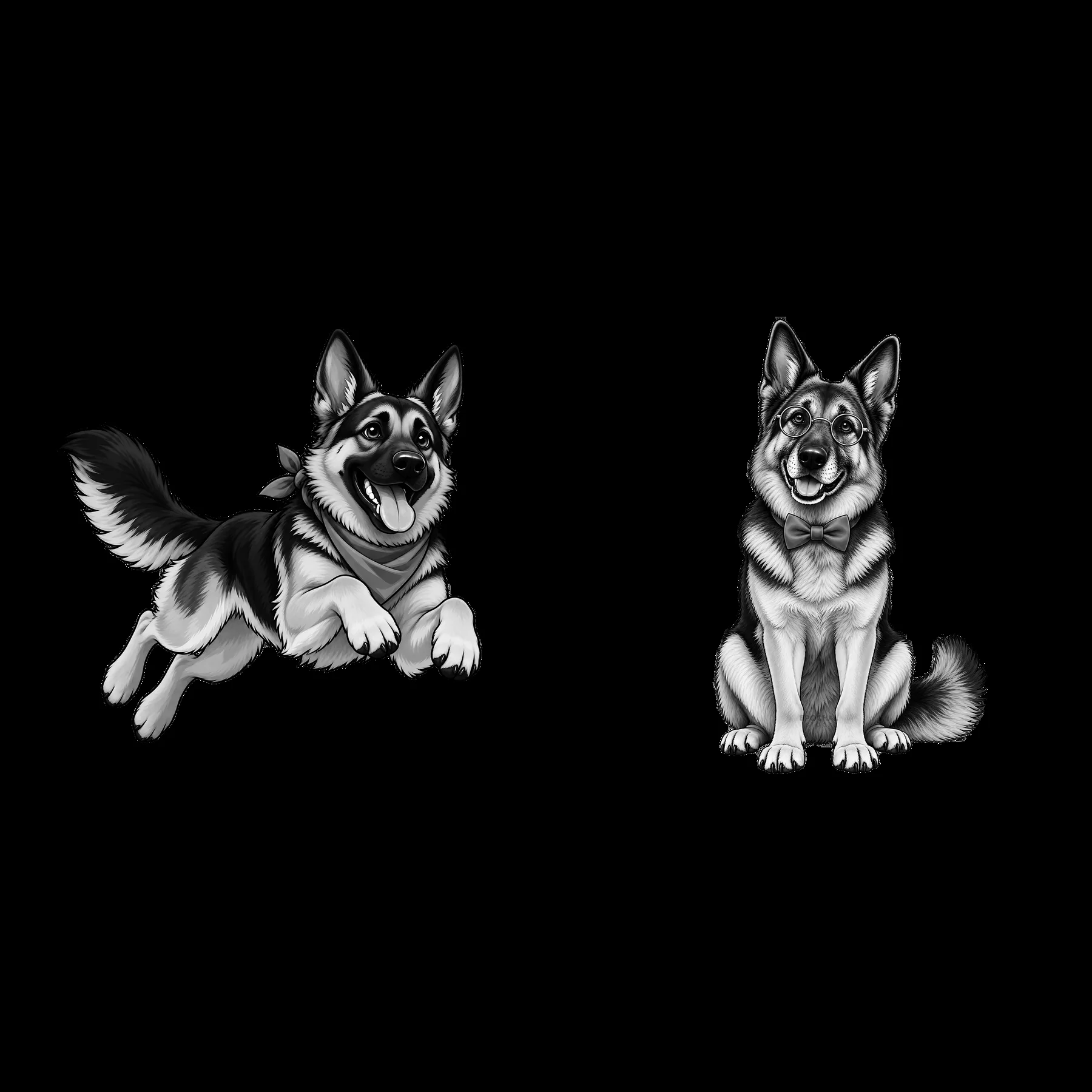 Two playful German Shepherd dogs in black and white illustration - AI-generated stock image