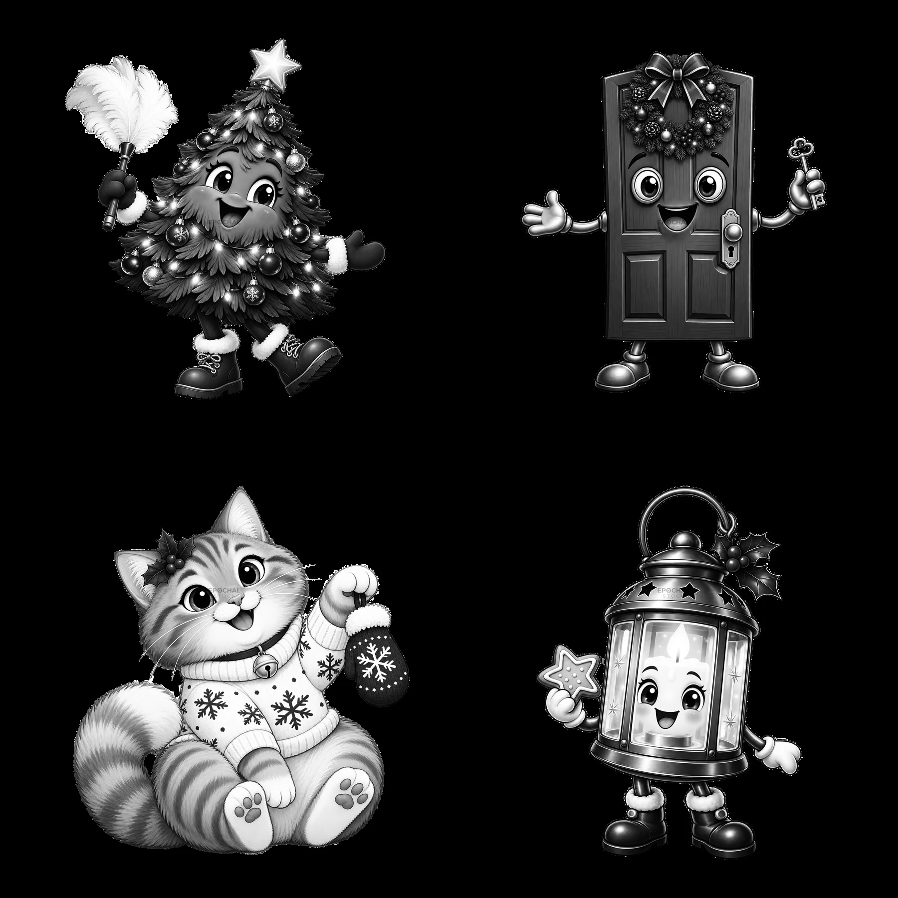 Christmas house characters with tree, door, cat and lantern - AI-generated stock image