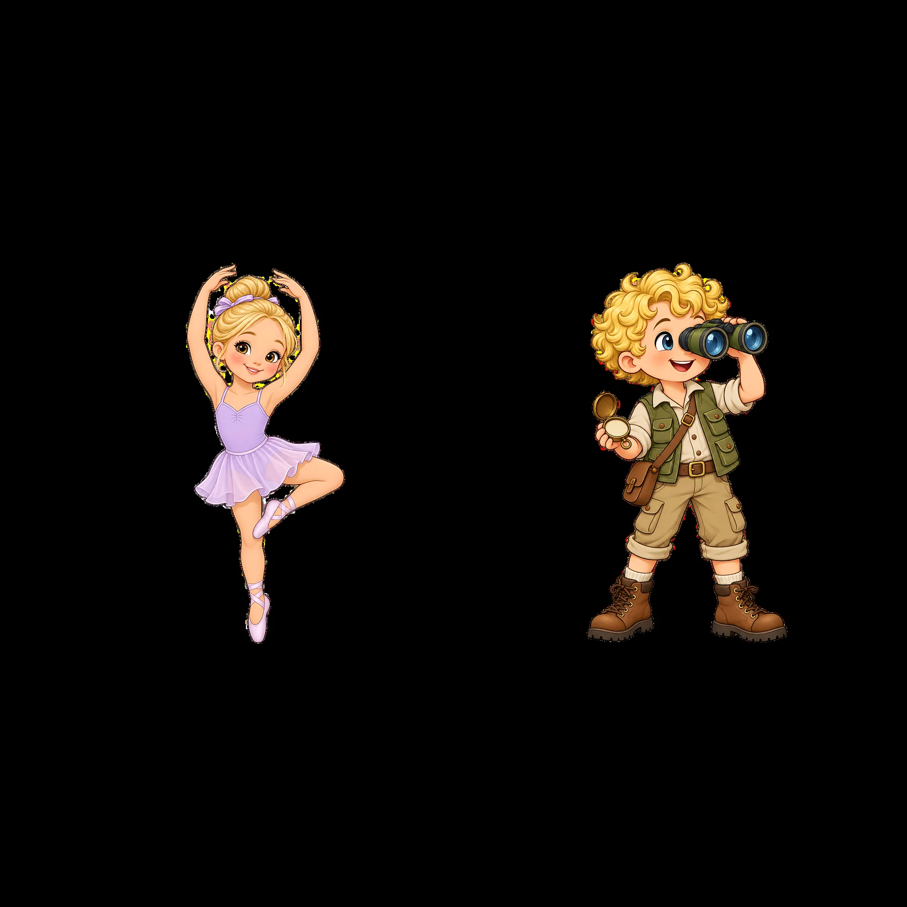 Blond child ballerina and explorer cartoon character stickers - AI-generated stock image
