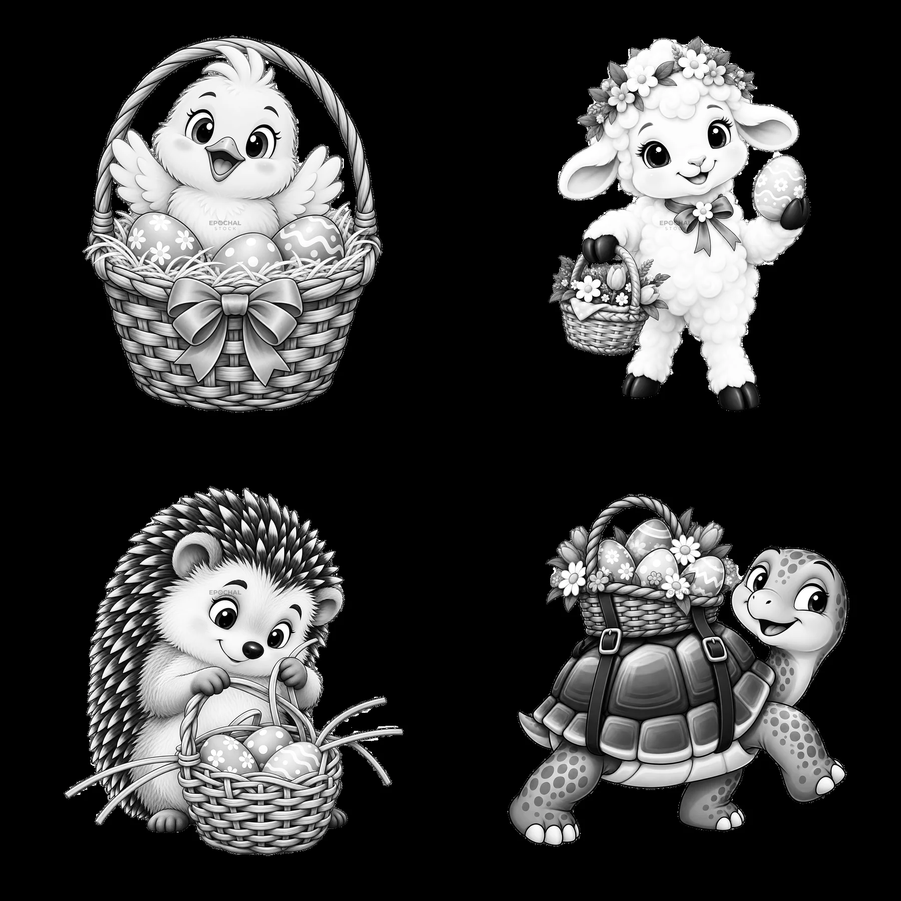 Easter basket with cartoon characters featuring animals and eggs - AI-generated stock image
