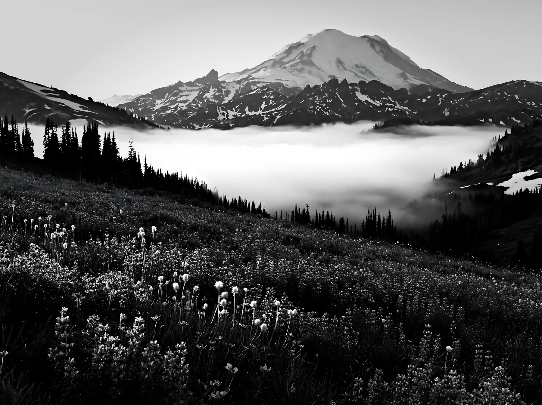 Mount Rainier wildflower meadow at sunrise with fog - AI-generated stock image