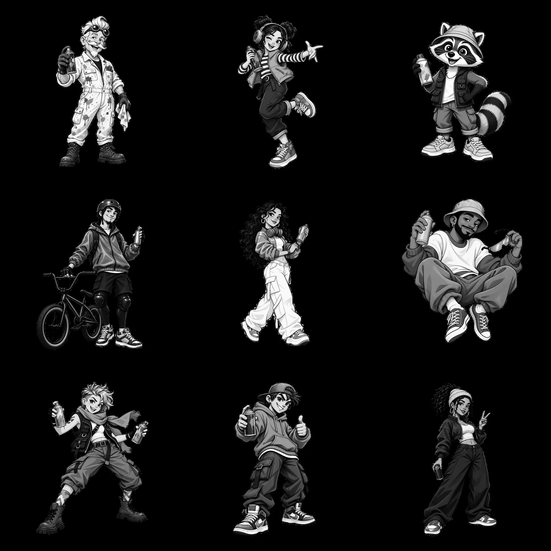 Cool graffiti sprayer characters in a 3x3 grid layout - AI-generated stock image