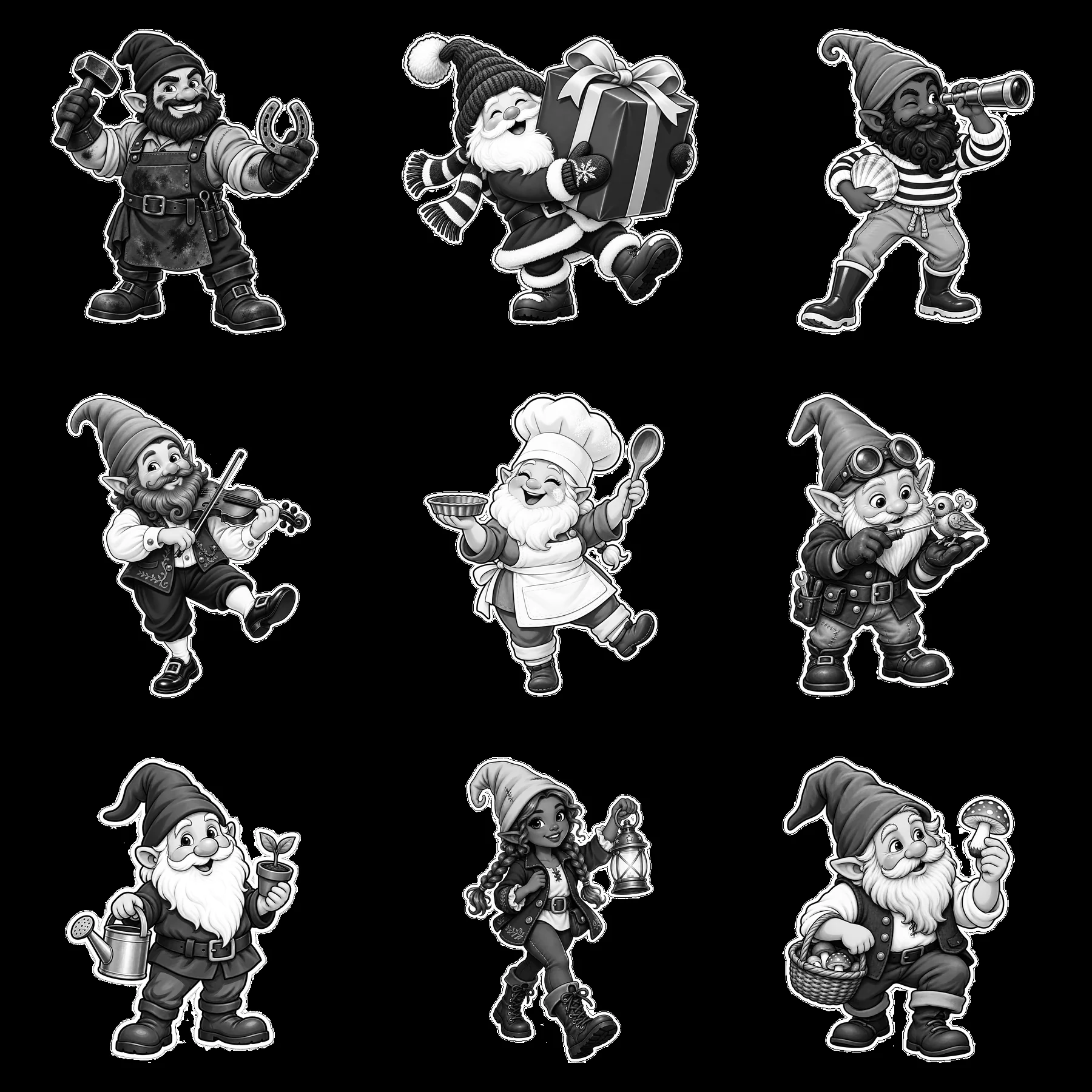 Gnomes engaged in various activities with different tools and props - AI-generated stock image