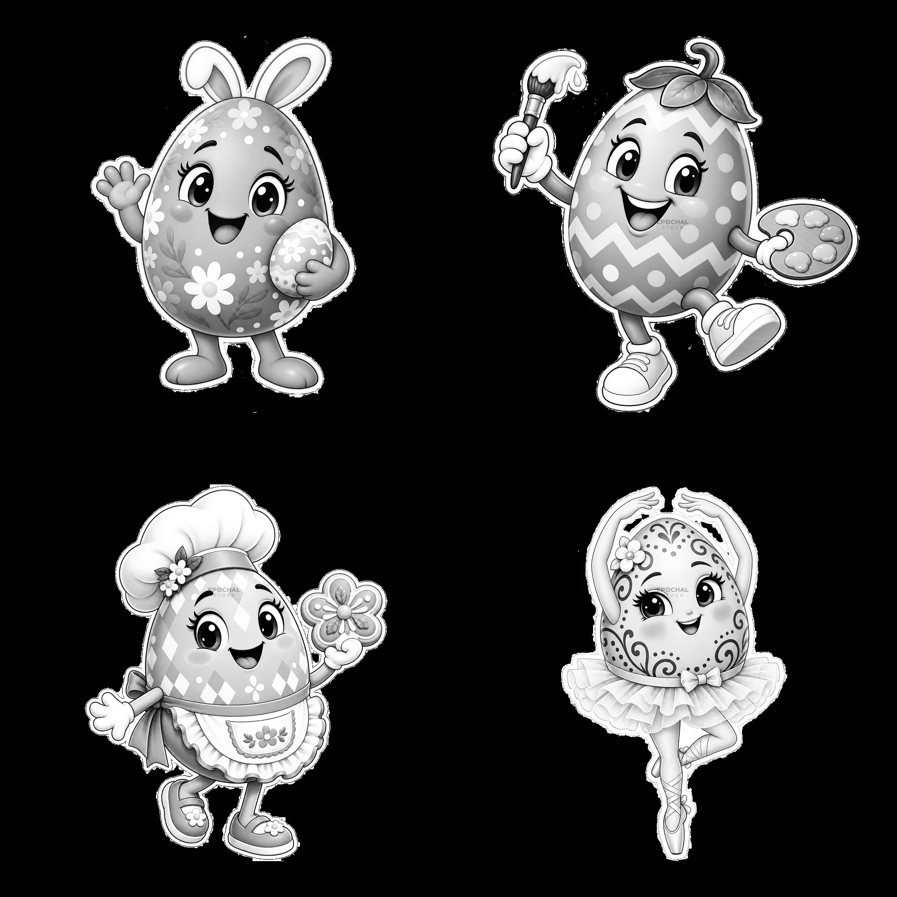 Colorful Easter egg characters holding objects in a 2x2 layout - AI-generated stock image