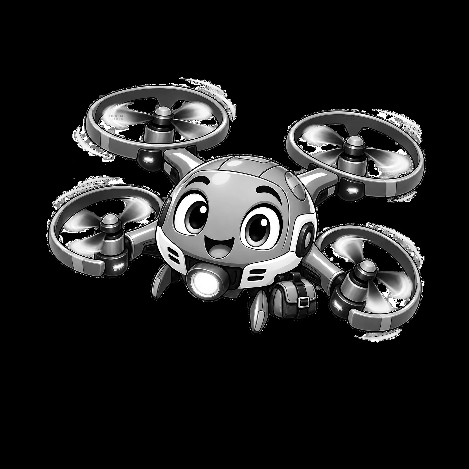 Cartoon drone character flying with excited expression and propellers - AI-generated stock image