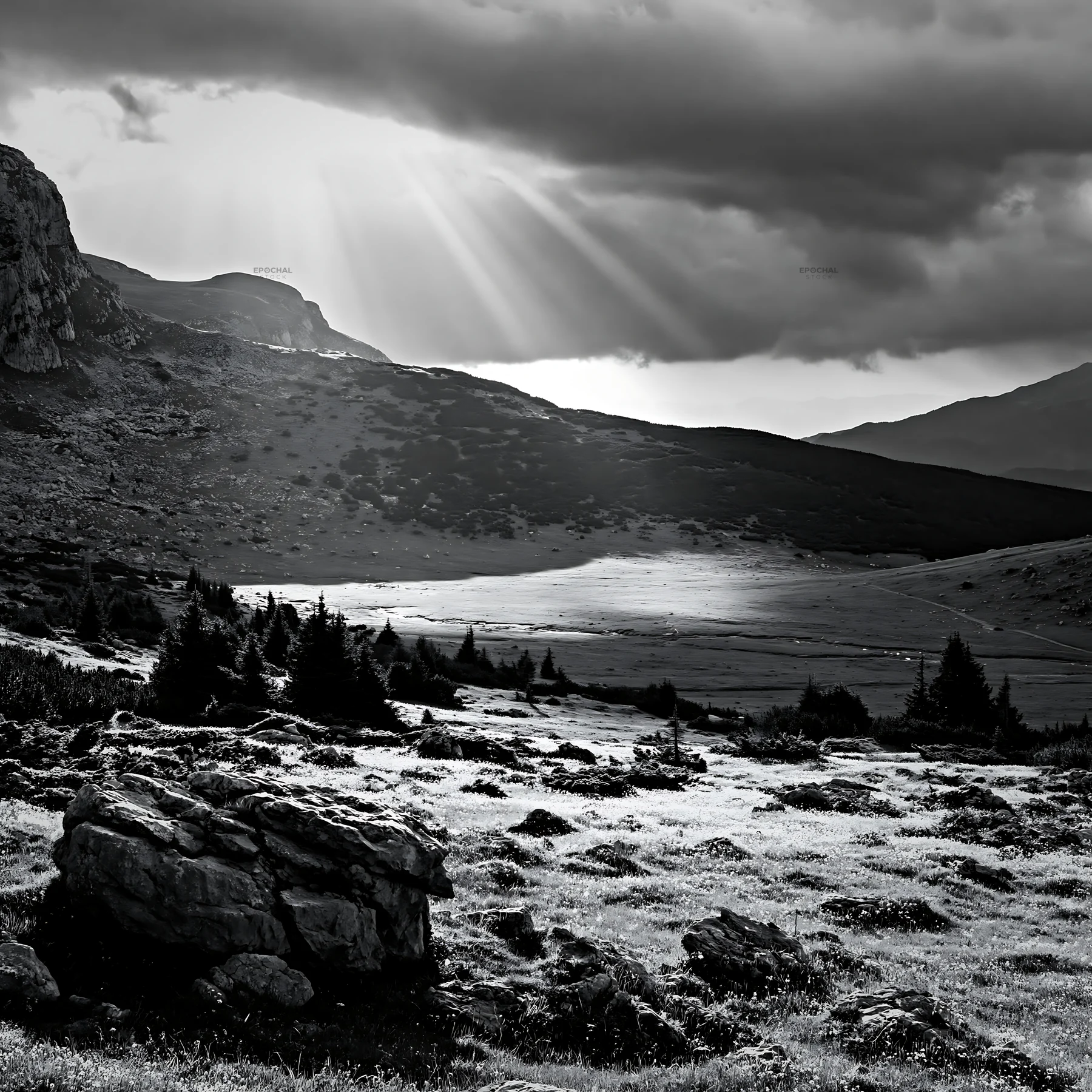 Light rays over a meadow in Bucegi Mountains during the day - AI-generated stock image