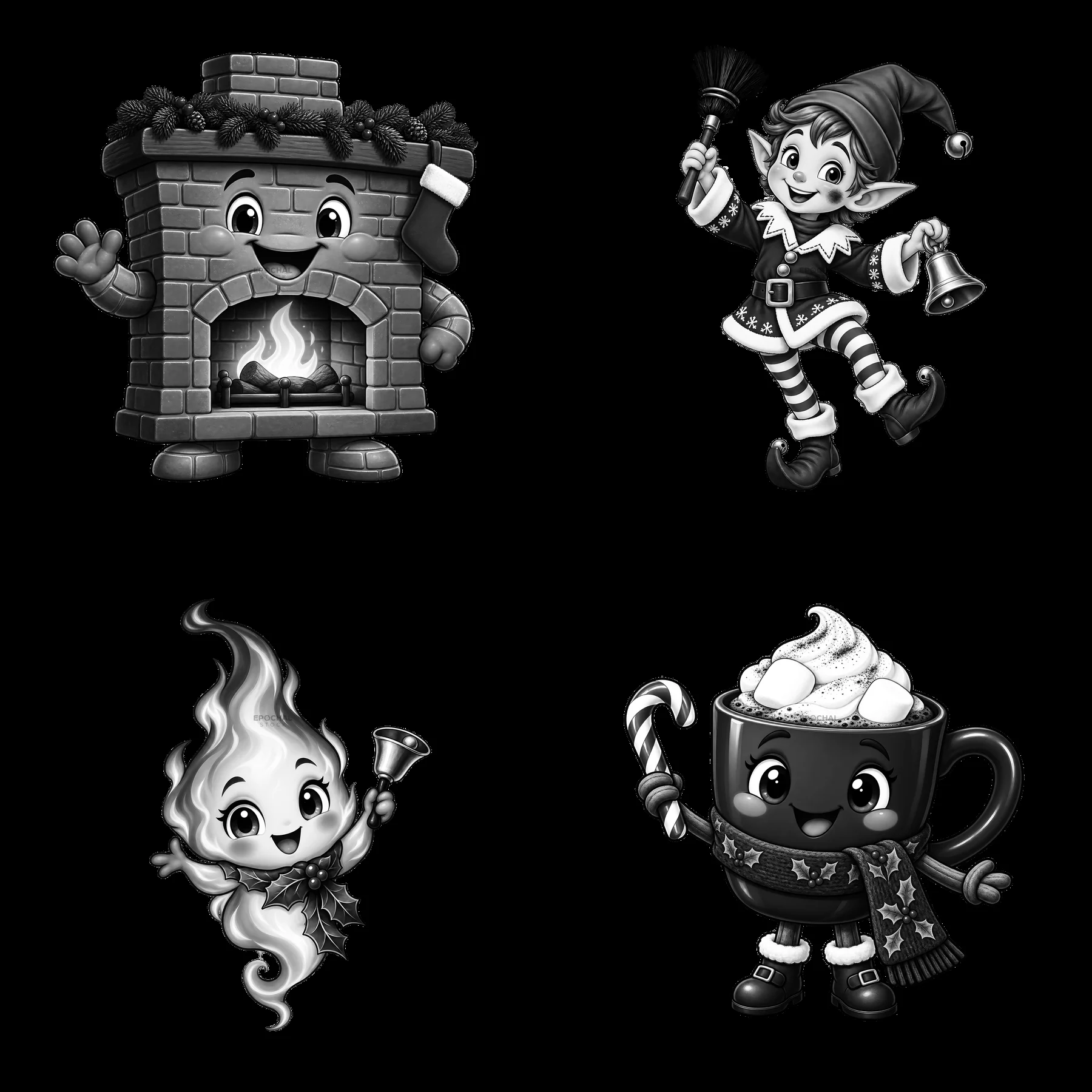 Monochrome four cartoon figure stickers in a square arrangement - AI-generated stock image