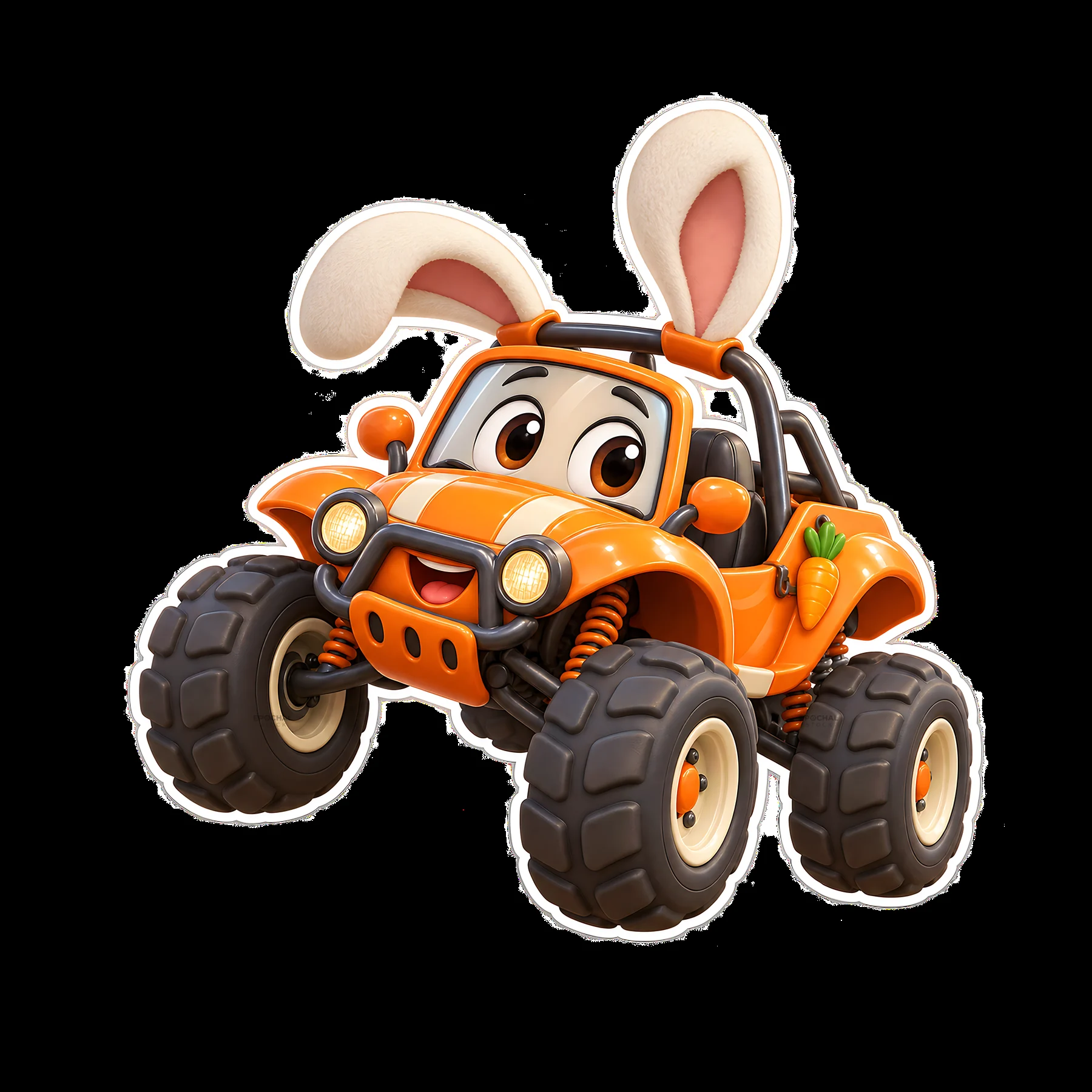 Easter bunny drives orange car with large ears and carrot - AI-generated stock image