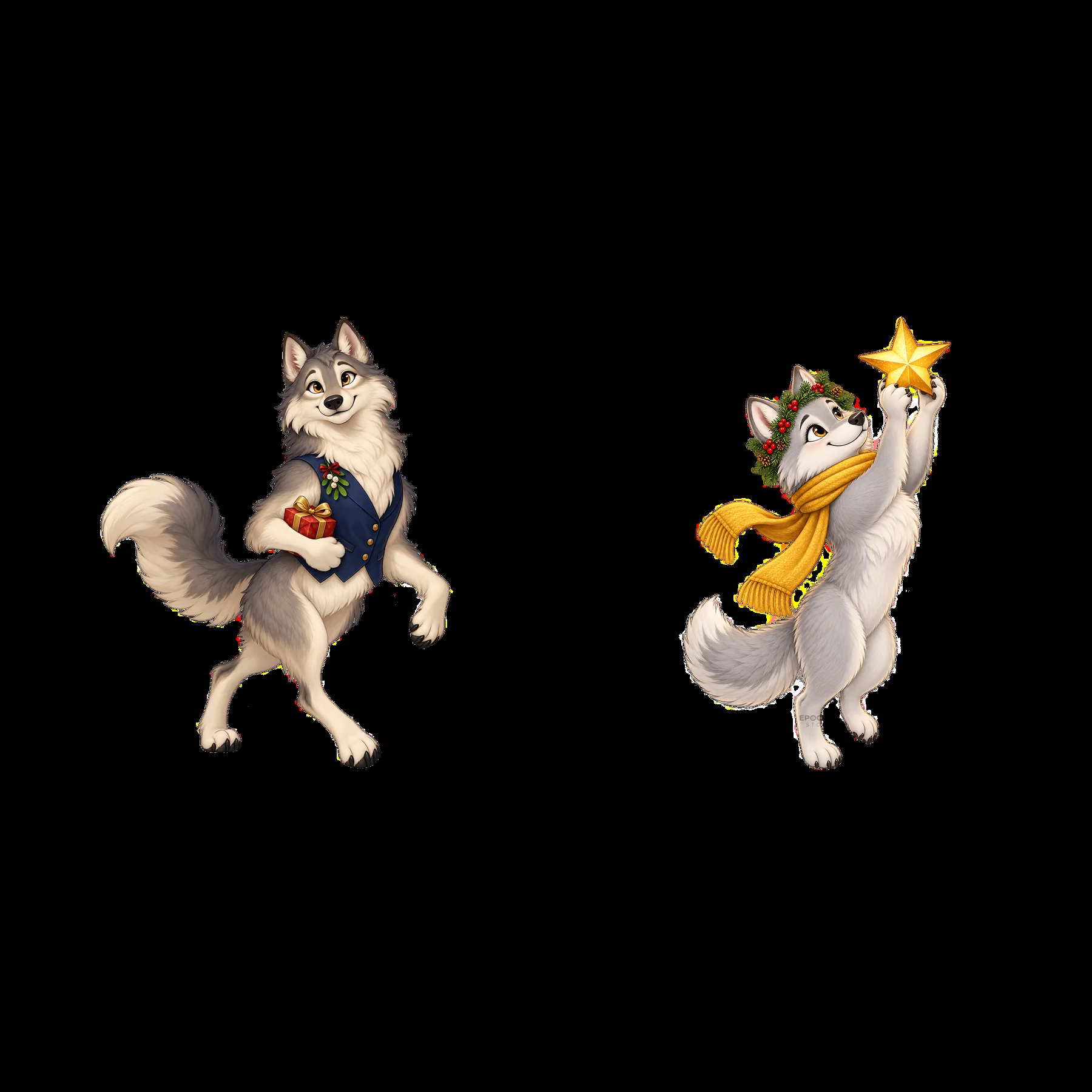 Christmas wolves carrying gifts and decorations - AI-generated stock image