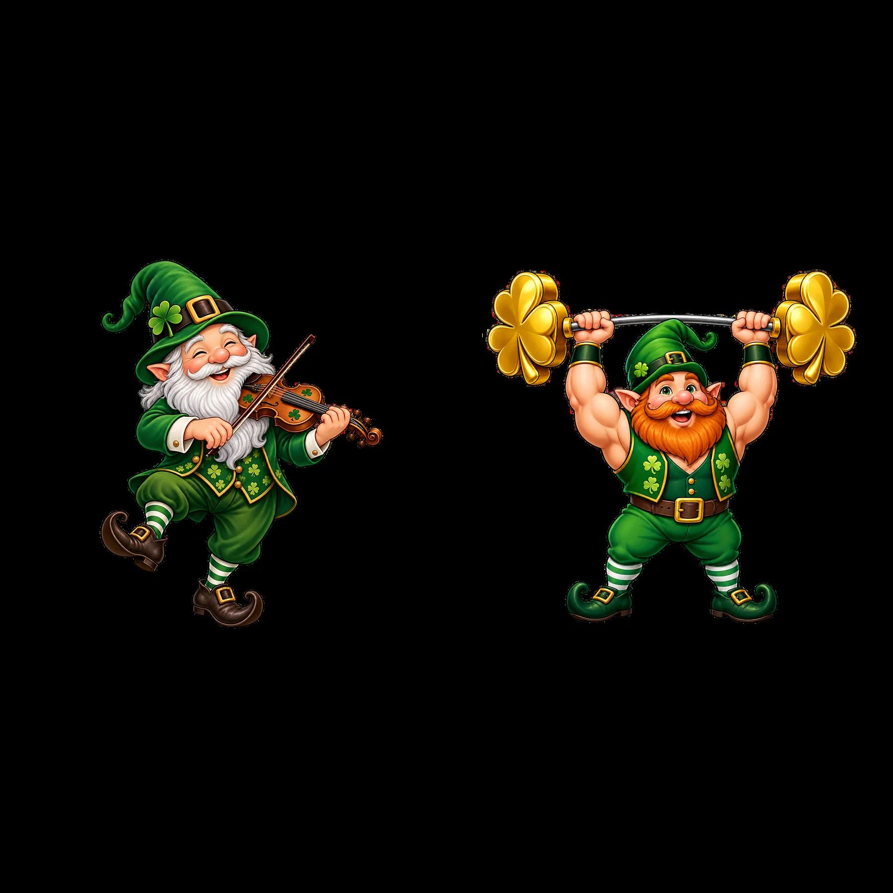 St. Patrick's Day gnome playing violin and lifting weights - AI-generated stock image