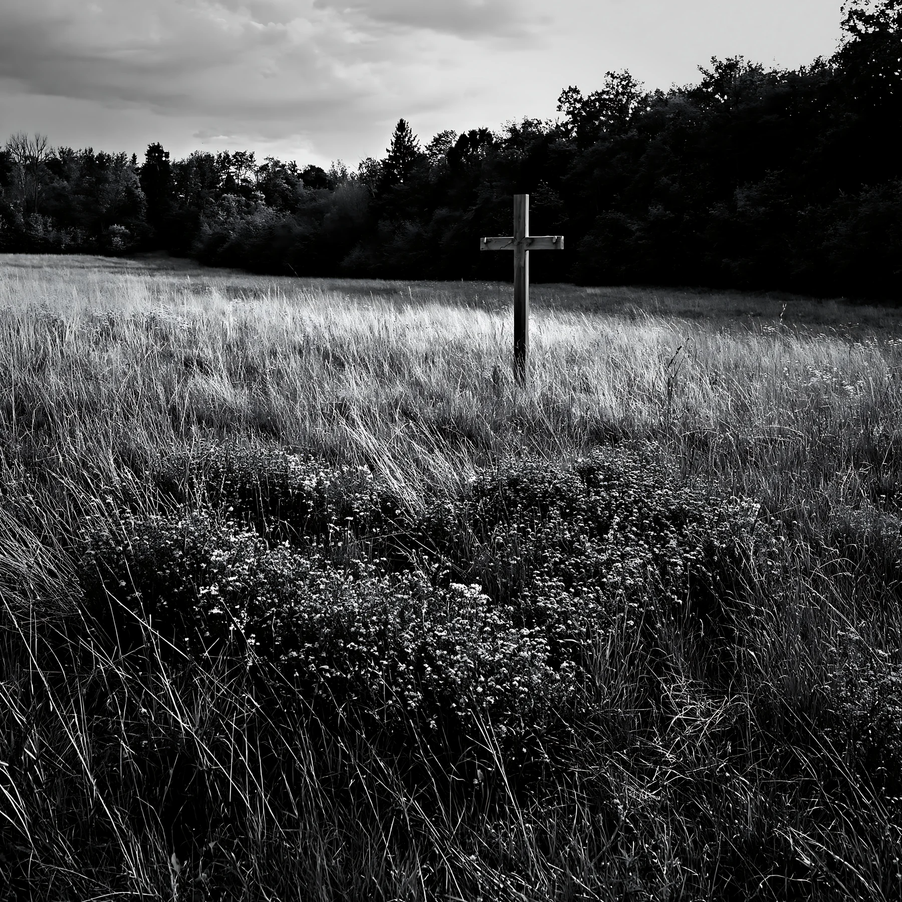Wooden Christian cross in a Christmas meadow under cloudy sky - AI-generated stock image