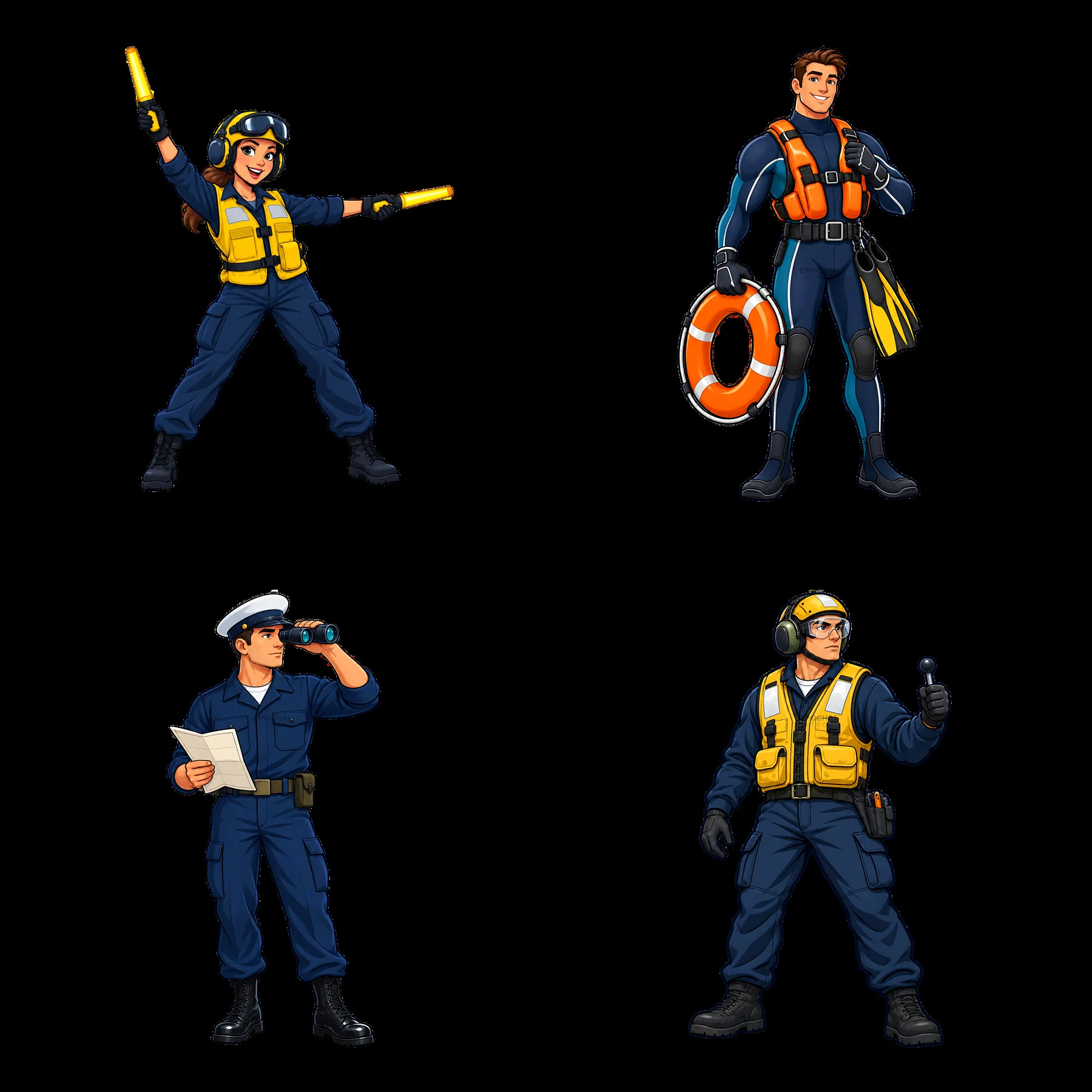 Cartoon stickers of four crew members on an aircraft carrier - AI-generated stock image