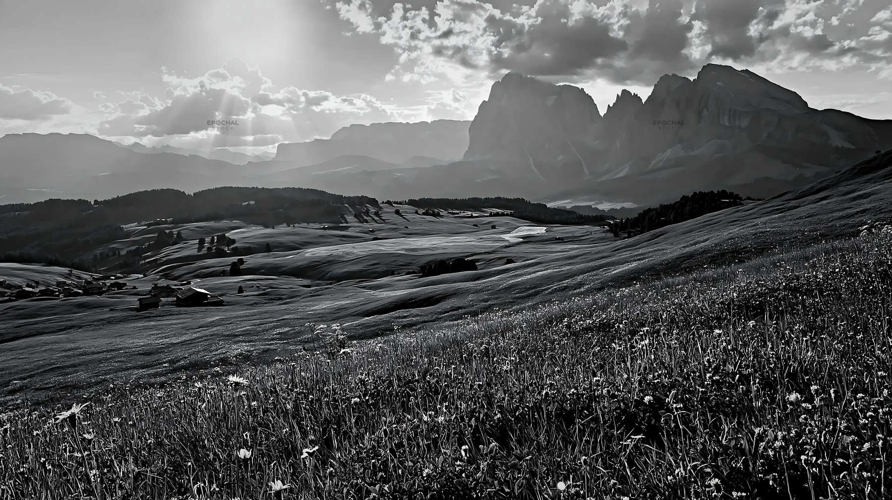 Sunbeams over Alpe di Siusi meadow with mountains in background - AI-generated stock image