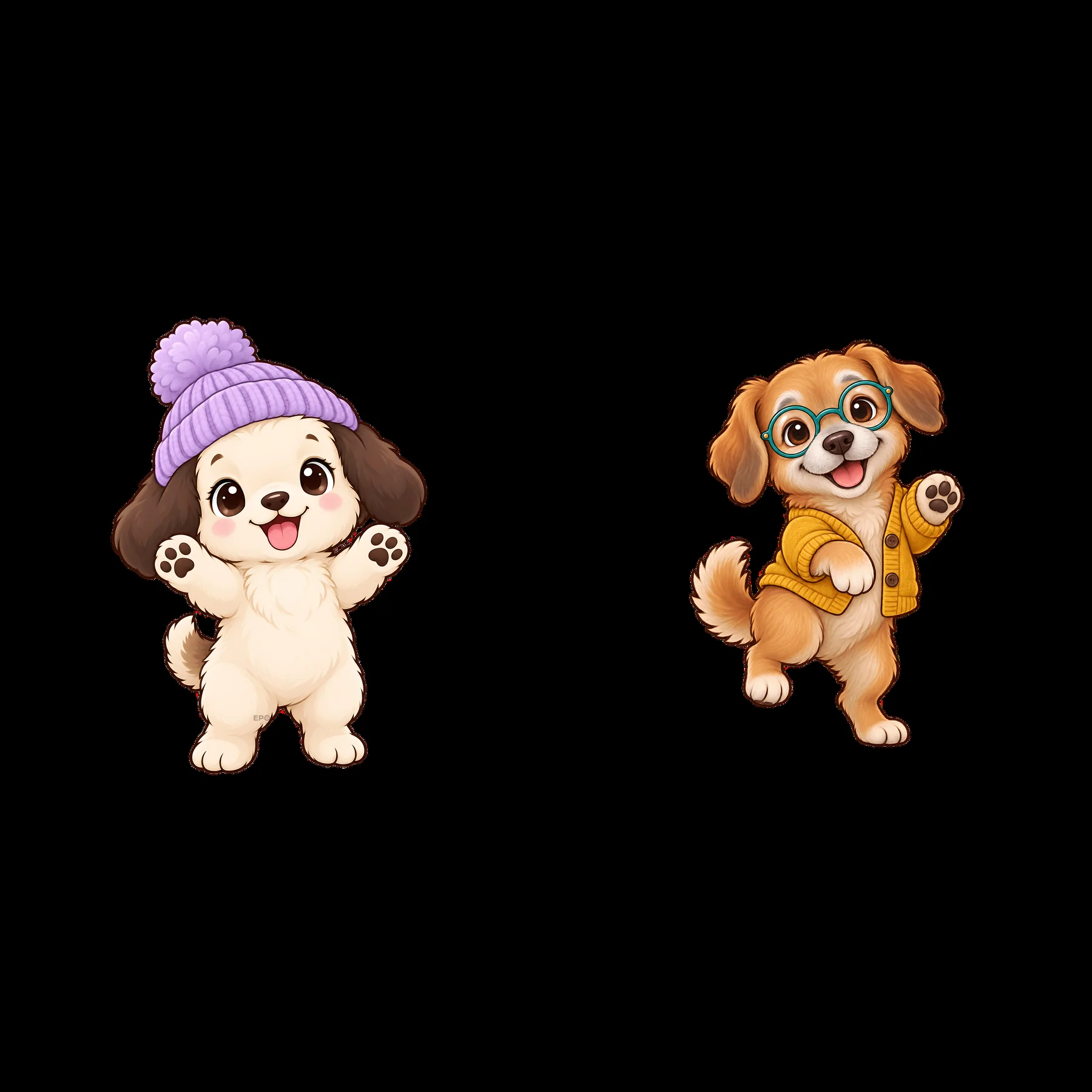 Cute dog characters wearing accessories in playful poses - AI-generated stock image
