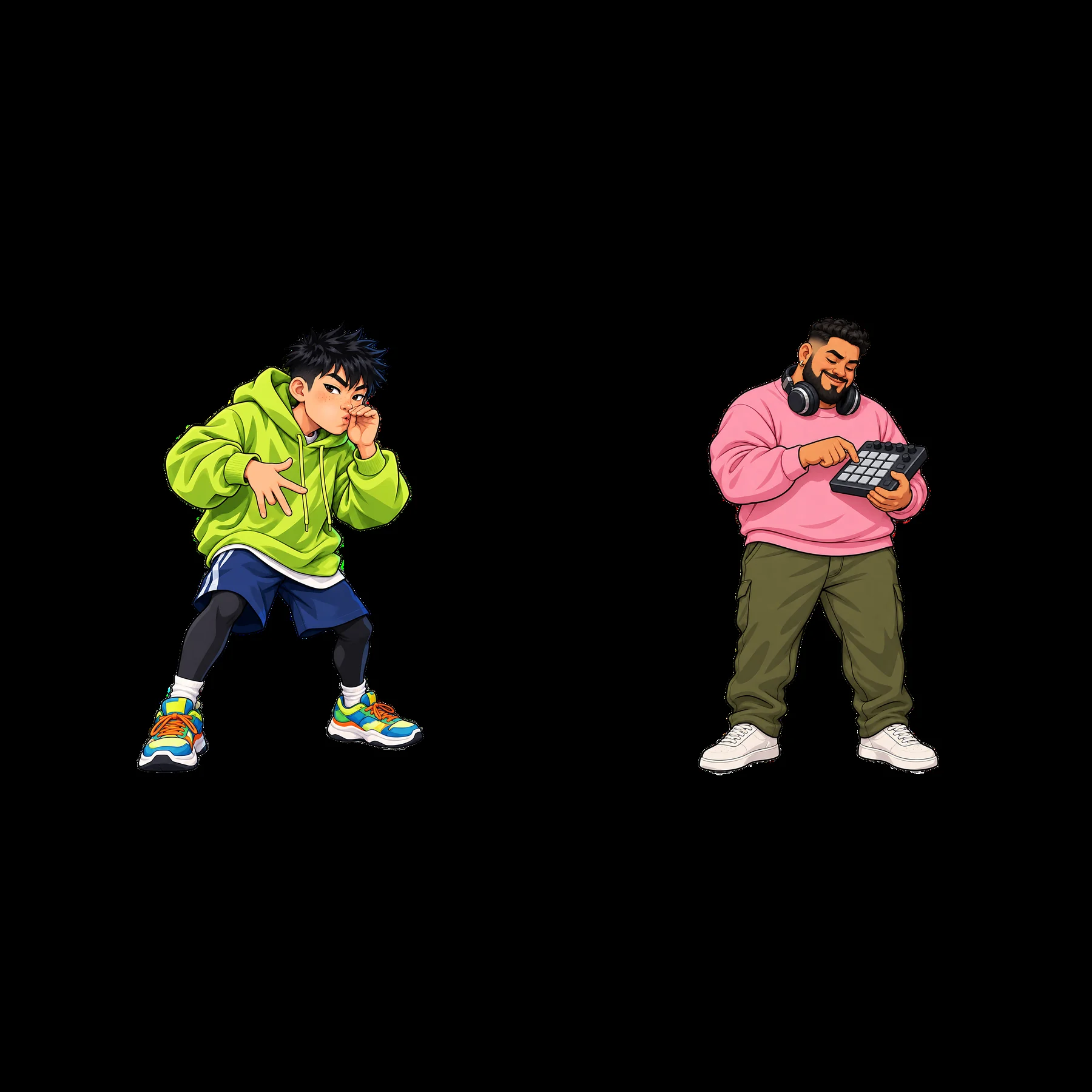 Hip-hop artist with microphone and producer with laptop - AI-generated stock image