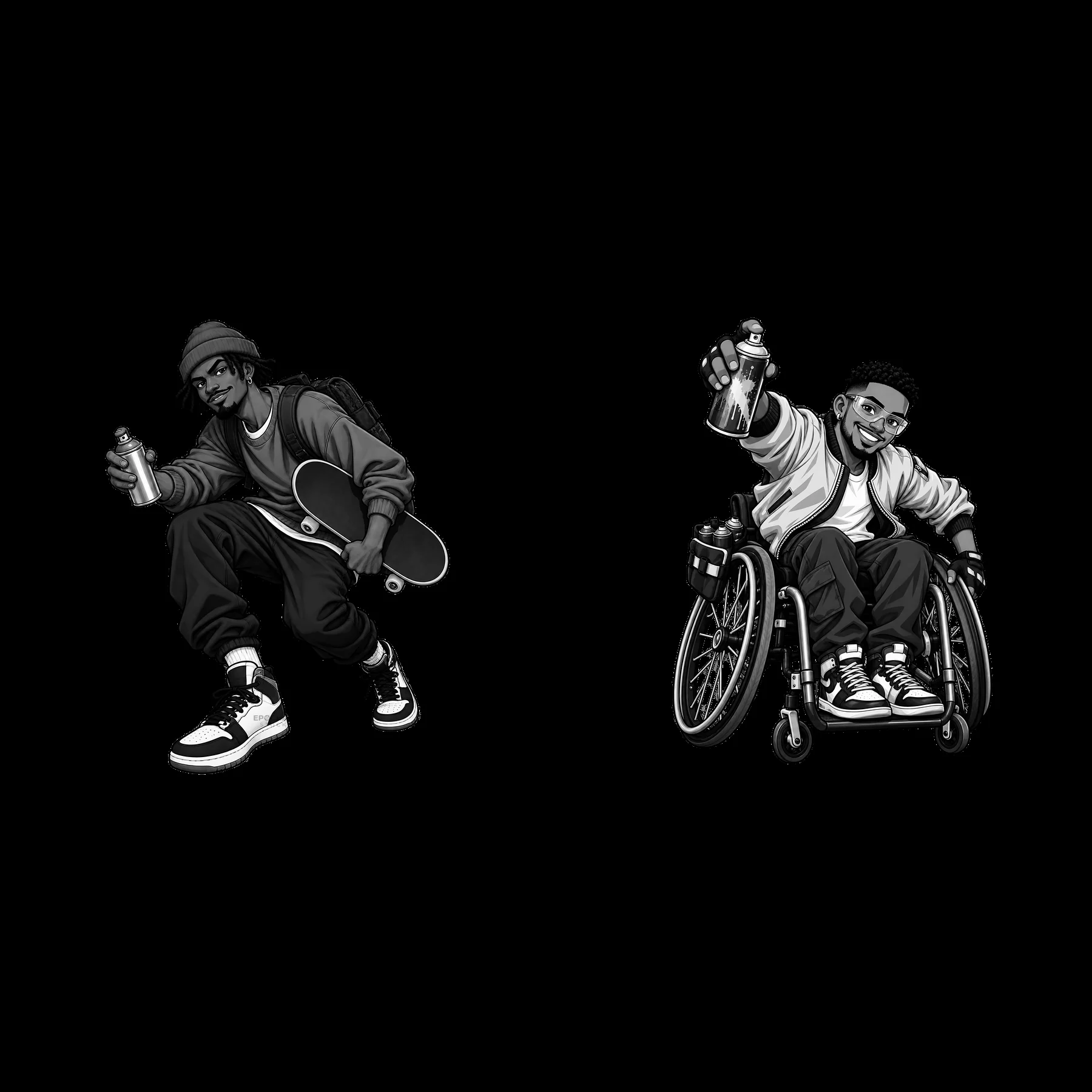 Skateboarder and graffiti artist in wheelchair with spray can - AI-generated stock image