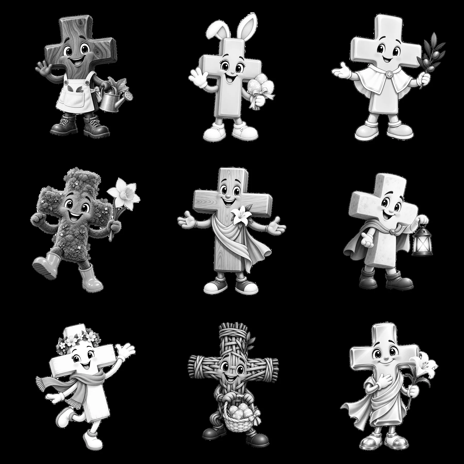 Easter cross cartoon stickers with diverse character expressions - AI-generated stock image