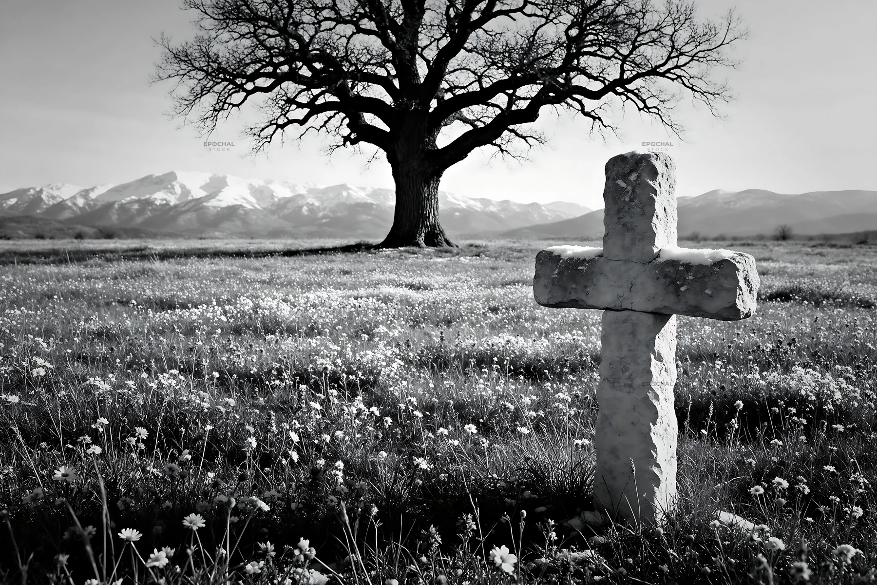 Christian cross in winter mountain meadow with tree - AI-generated stock image