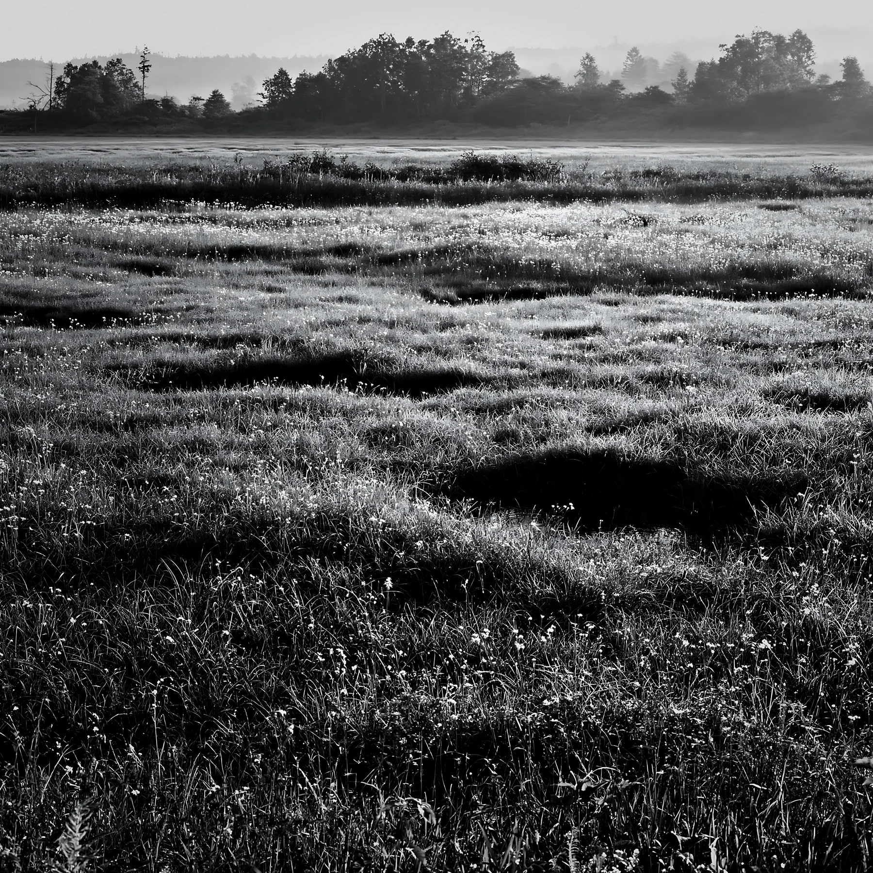 Black and white niigata floodplain restoration meadow dew foreground - AI-generated stock image